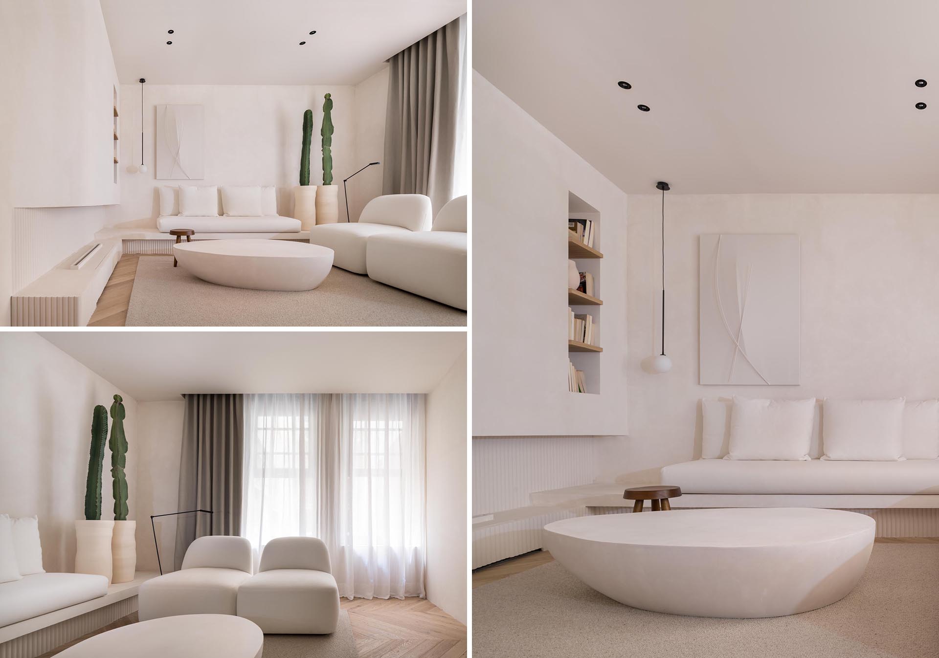 A living room with a simple white color palette and curved edges that creates a calm environment with a modern flair.