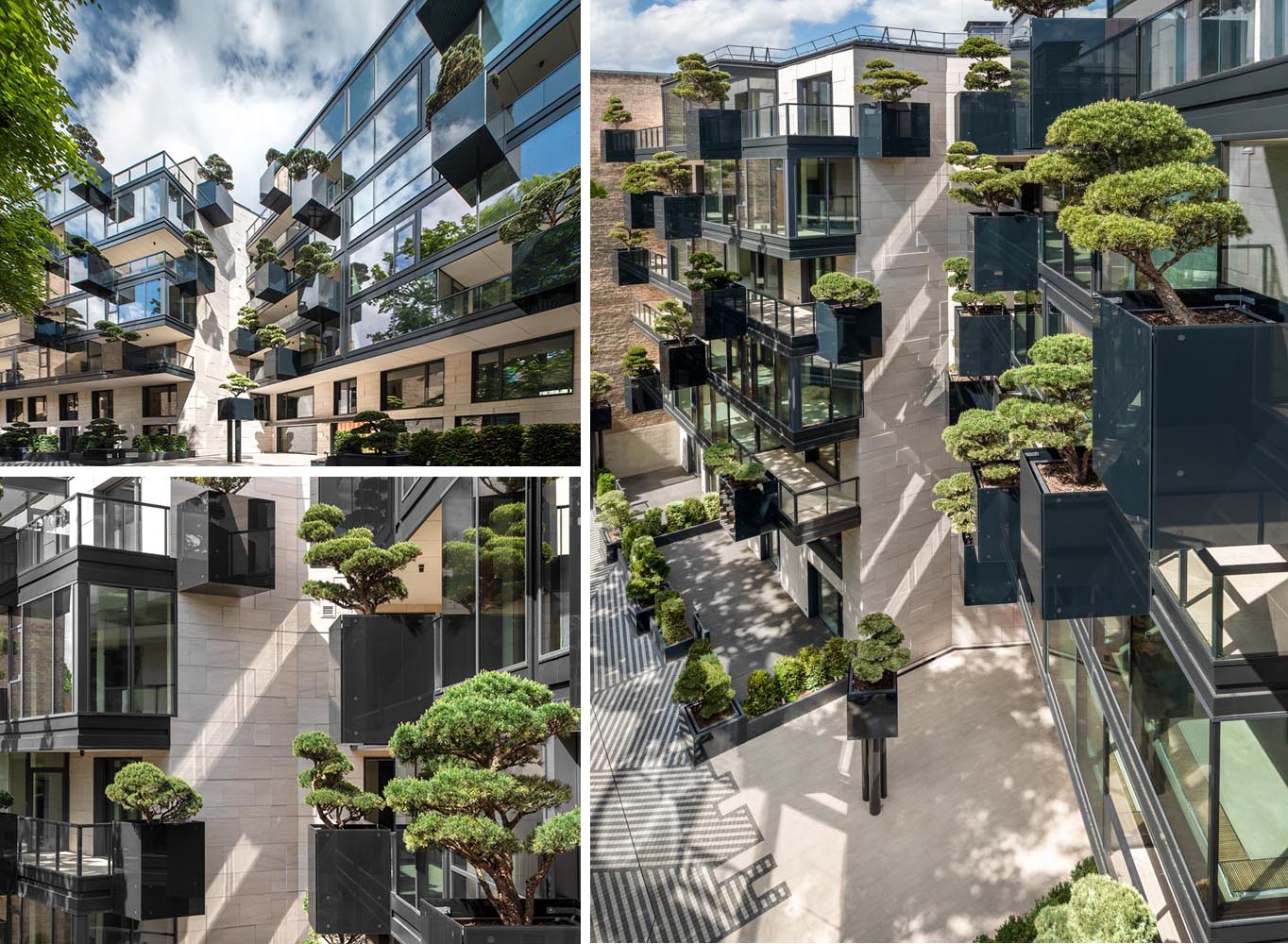 As part of the design of the new exterior of this apartment building, ‘flying’ conifers and bonsai trees were placed in cantilevered planters.