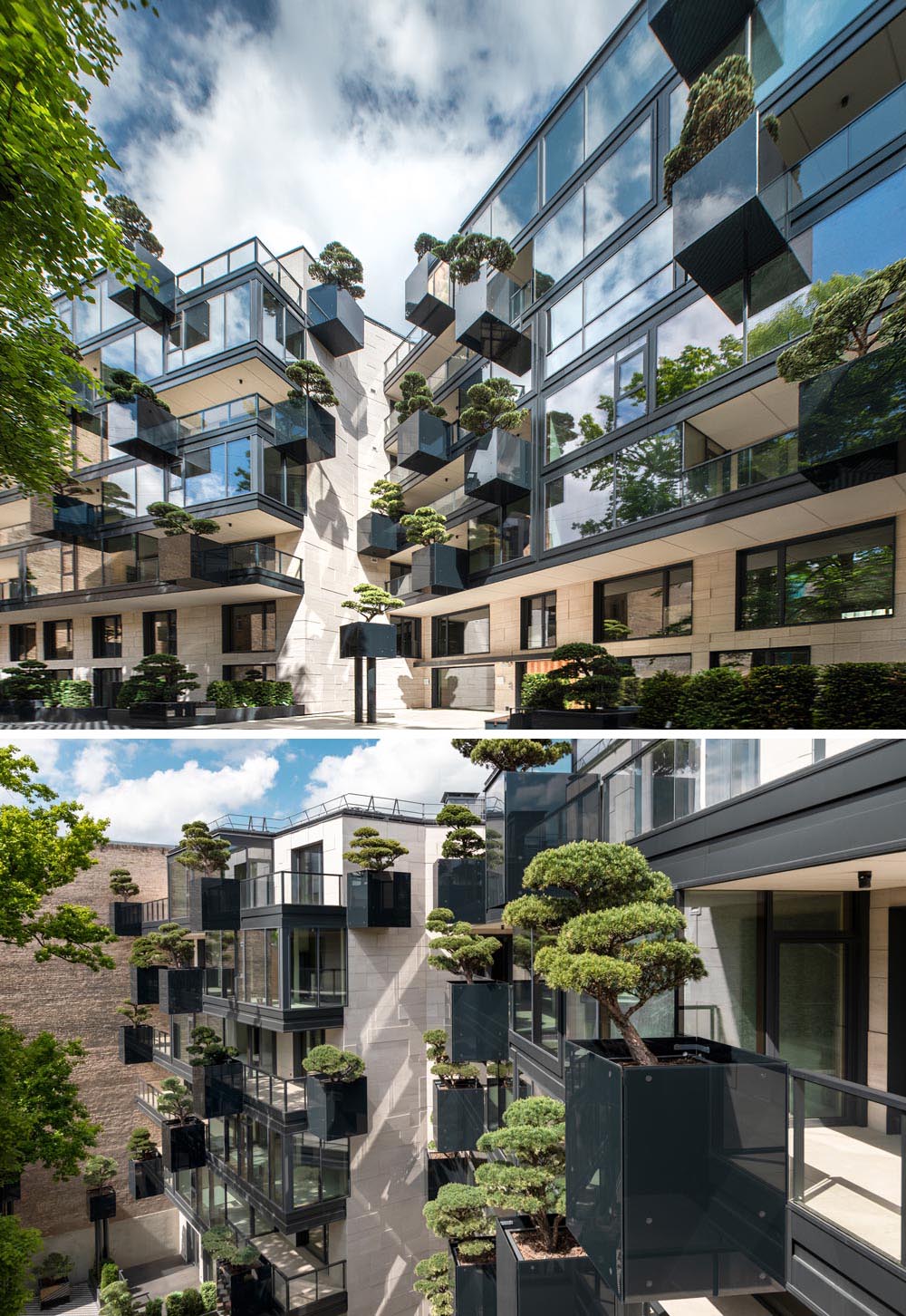 As part of the design of the new exterior of this apartment building, ‘flying’ conifers and bonsai trees were placed in cantilevered planters.