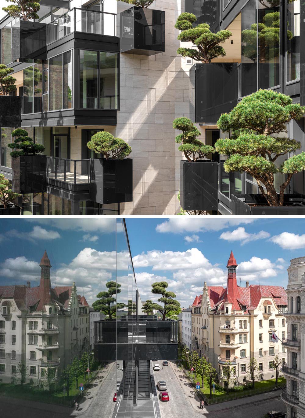 As part of the design of the new exterior of this apartment building, ‘flying’ conifers and bonsai trees were placed in cantilevered planters.