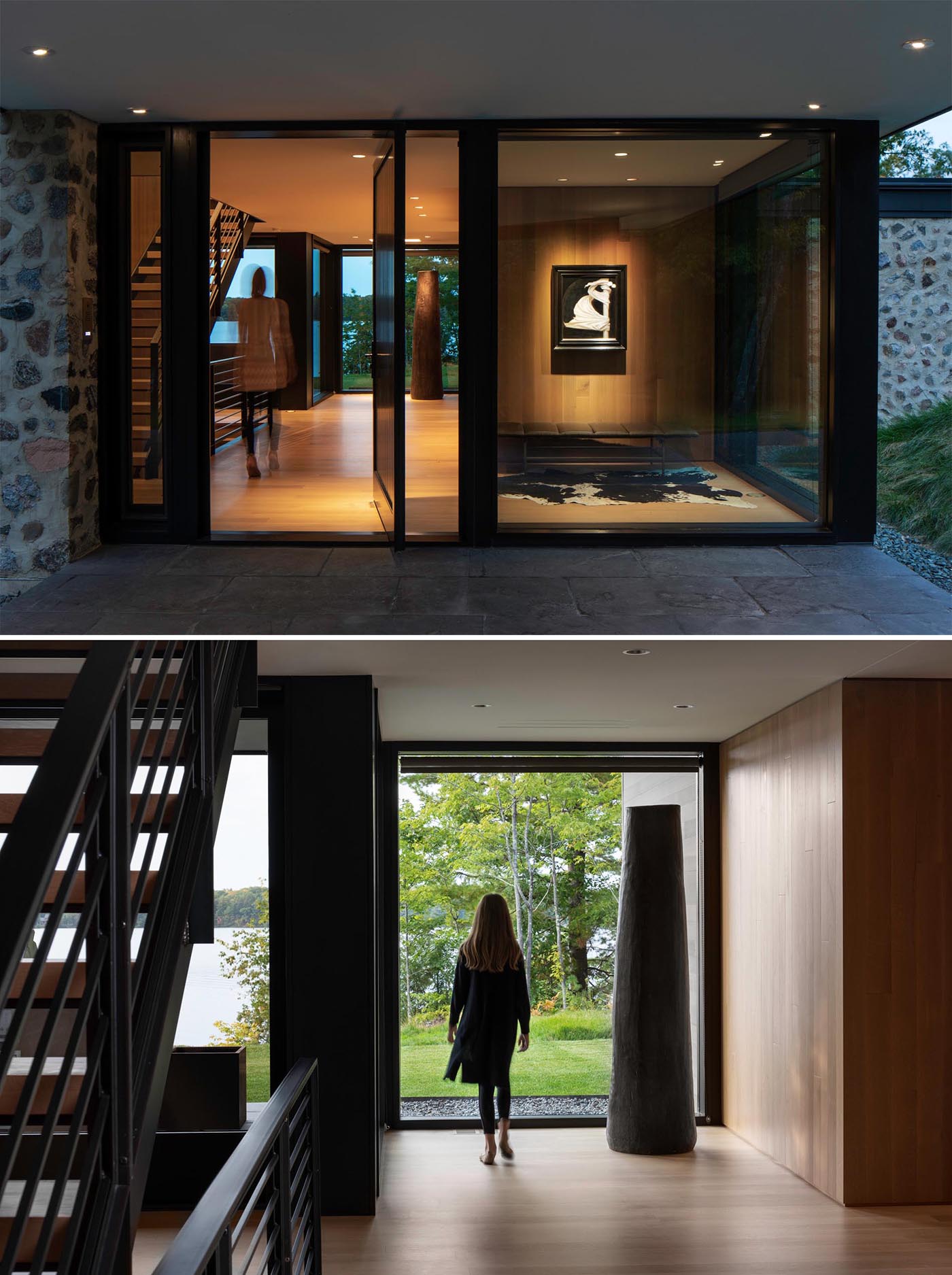 A covered entryway off the driveway leads to the custom designed pivoting wood front door and foyer.