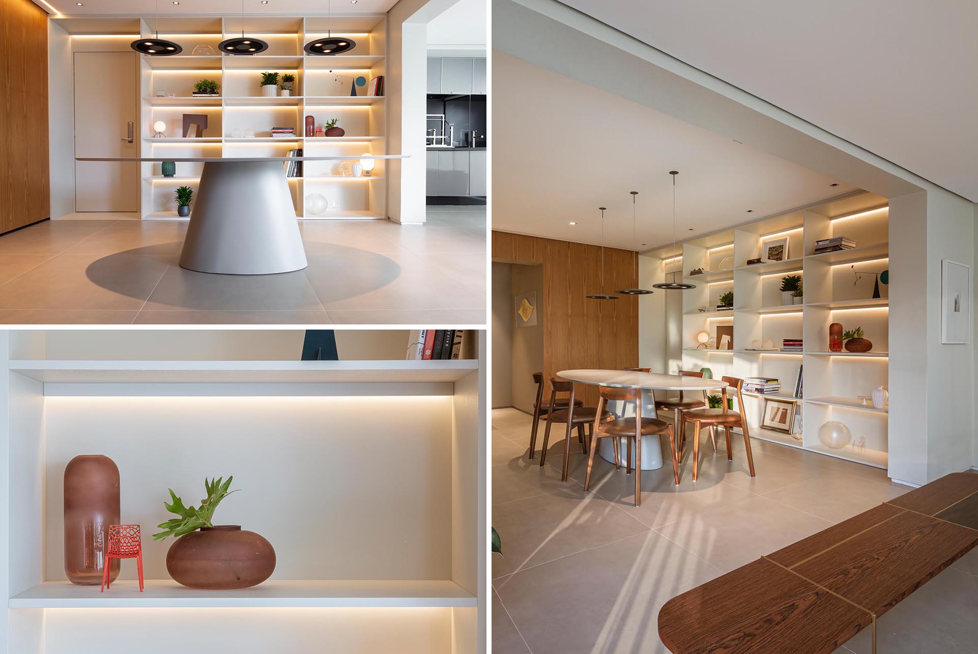 A floor-to-ceiling white shelving unit that includes hidden LED lighting.