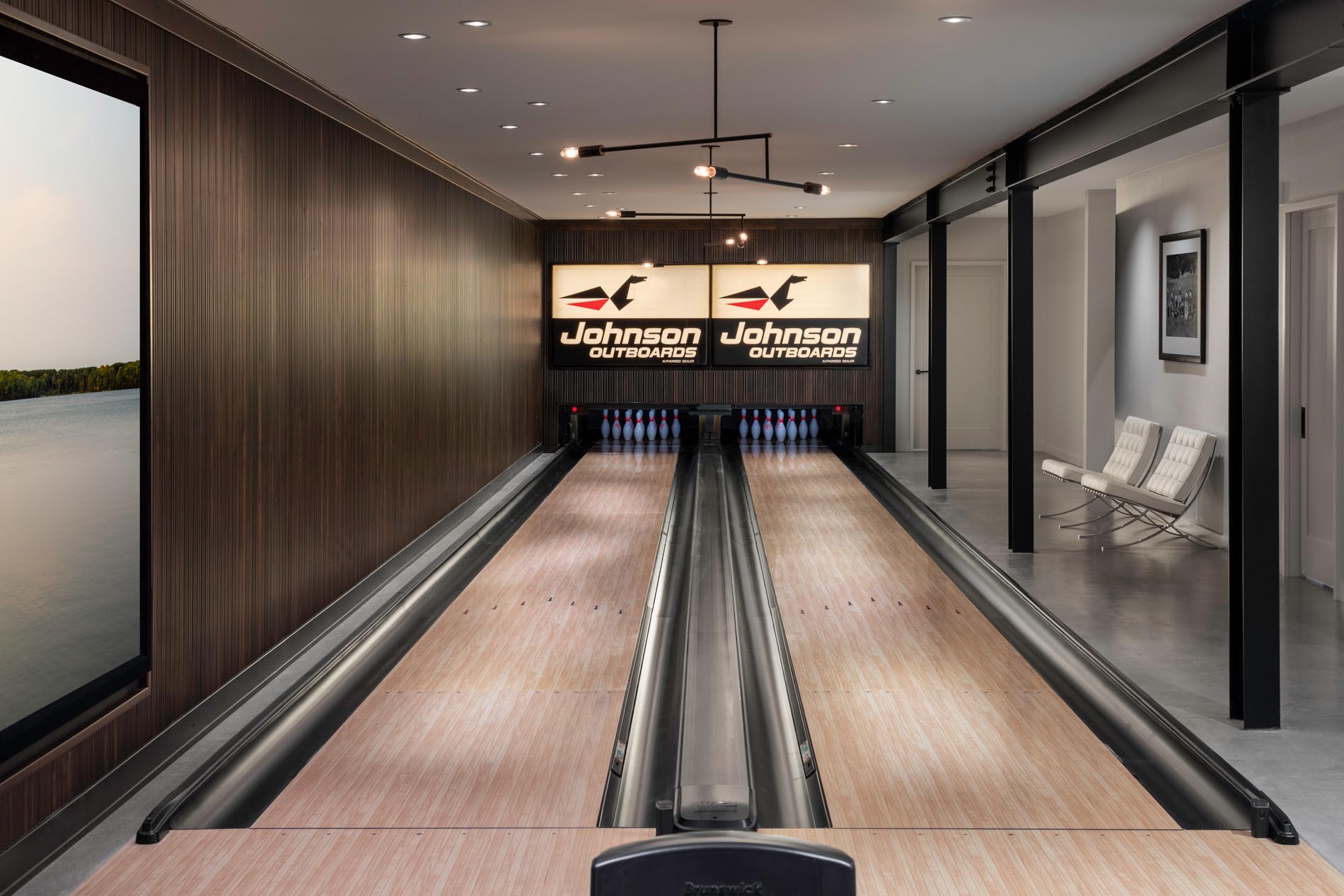A modern home with a bowling alley.