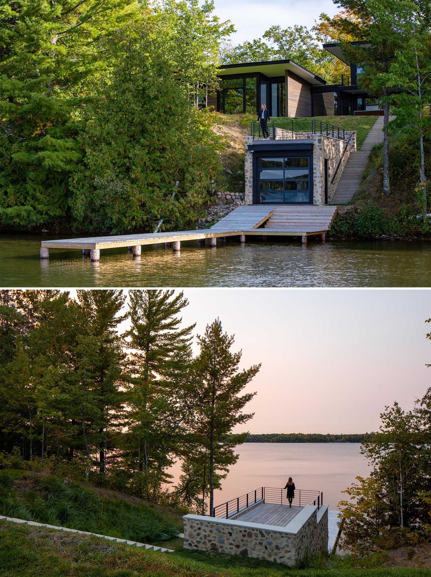 This modern home includes steps that lead down to a boathouse with a rooftop deck, as well as a dock.