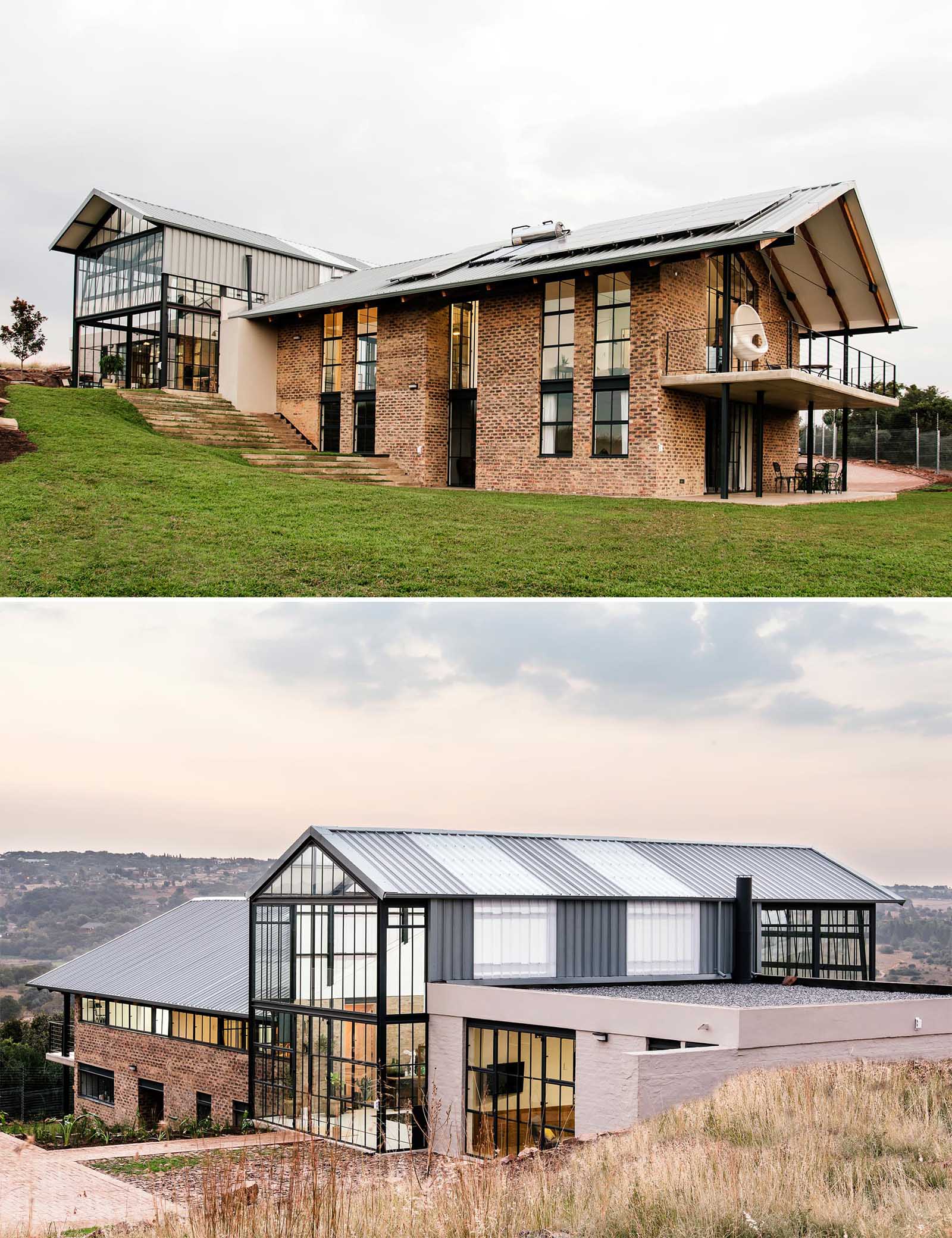 The exterior of the home showcases materials chosen for durability and low maintenance, and include cement washed bricks, exposed steel, and concrete soffits.