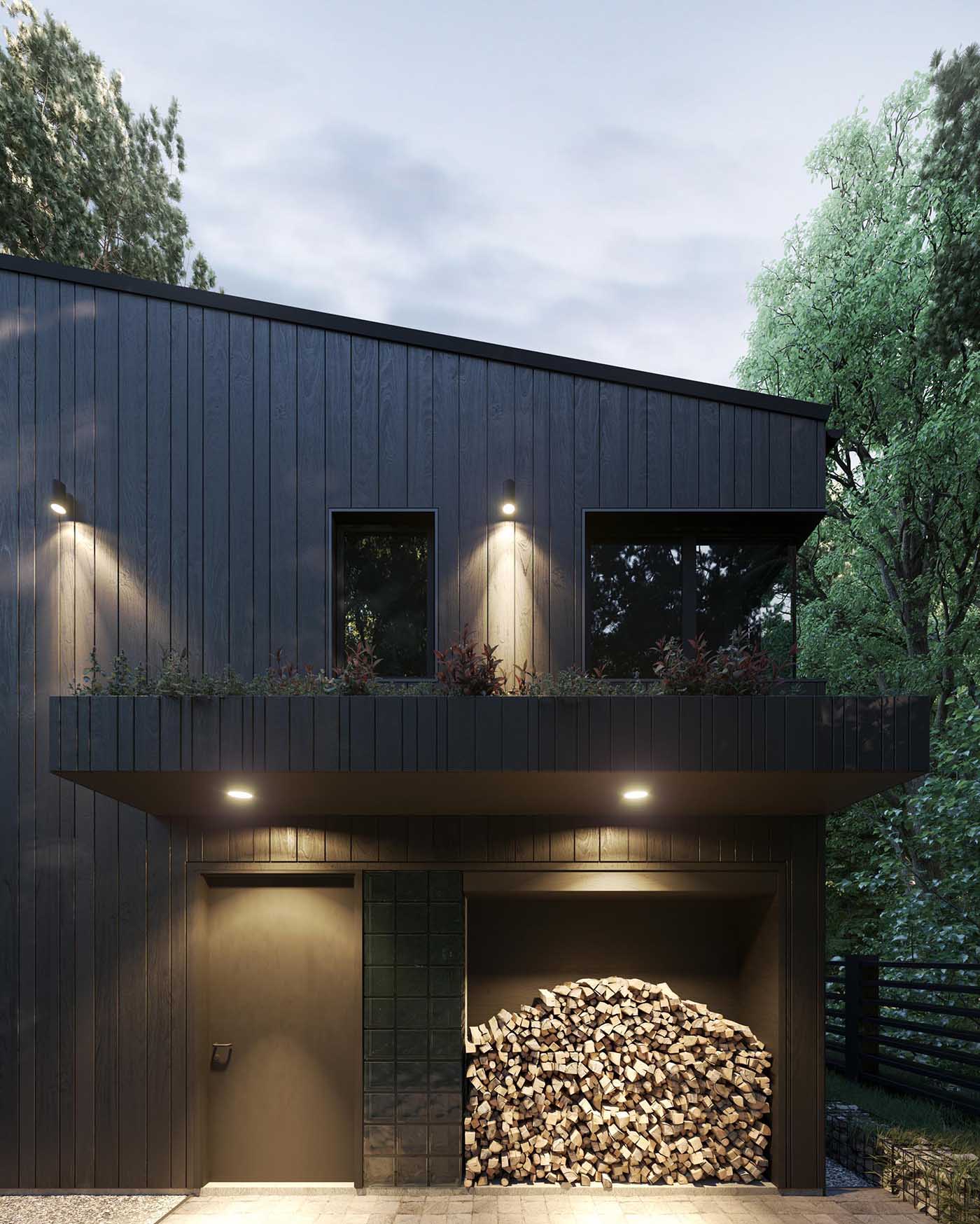 A modern house with dark wood siding, black window frames, firewood storage, and a green roof.