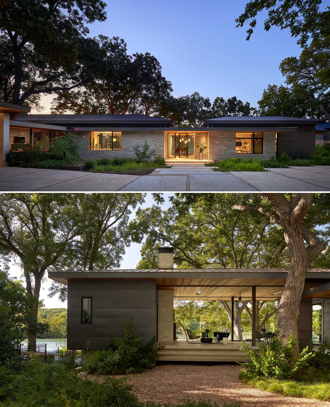 A modern lakeside house with walls of windows and a covered outdoor entertaining space.