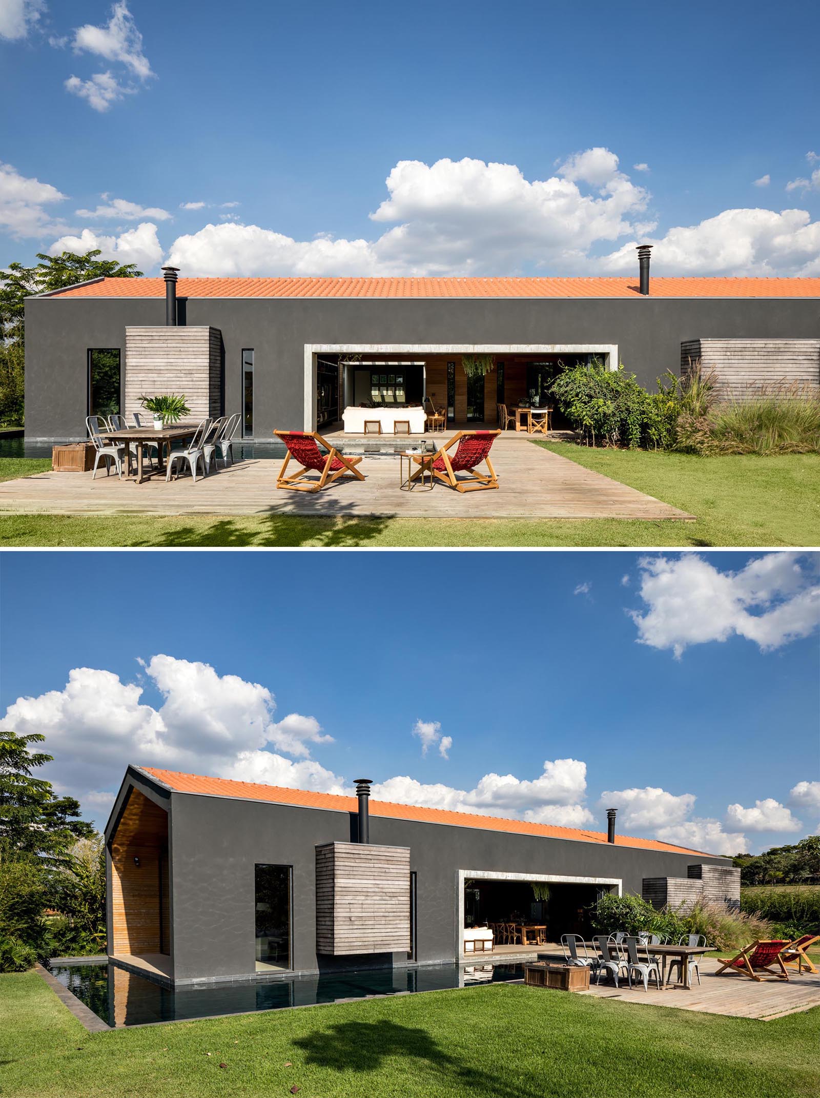 The exterior of this modern home is a black-painted mass, contrasting the surrounding nature, and providing a bold backdrop for the outdoors spaces, like the patio and swimming pool.