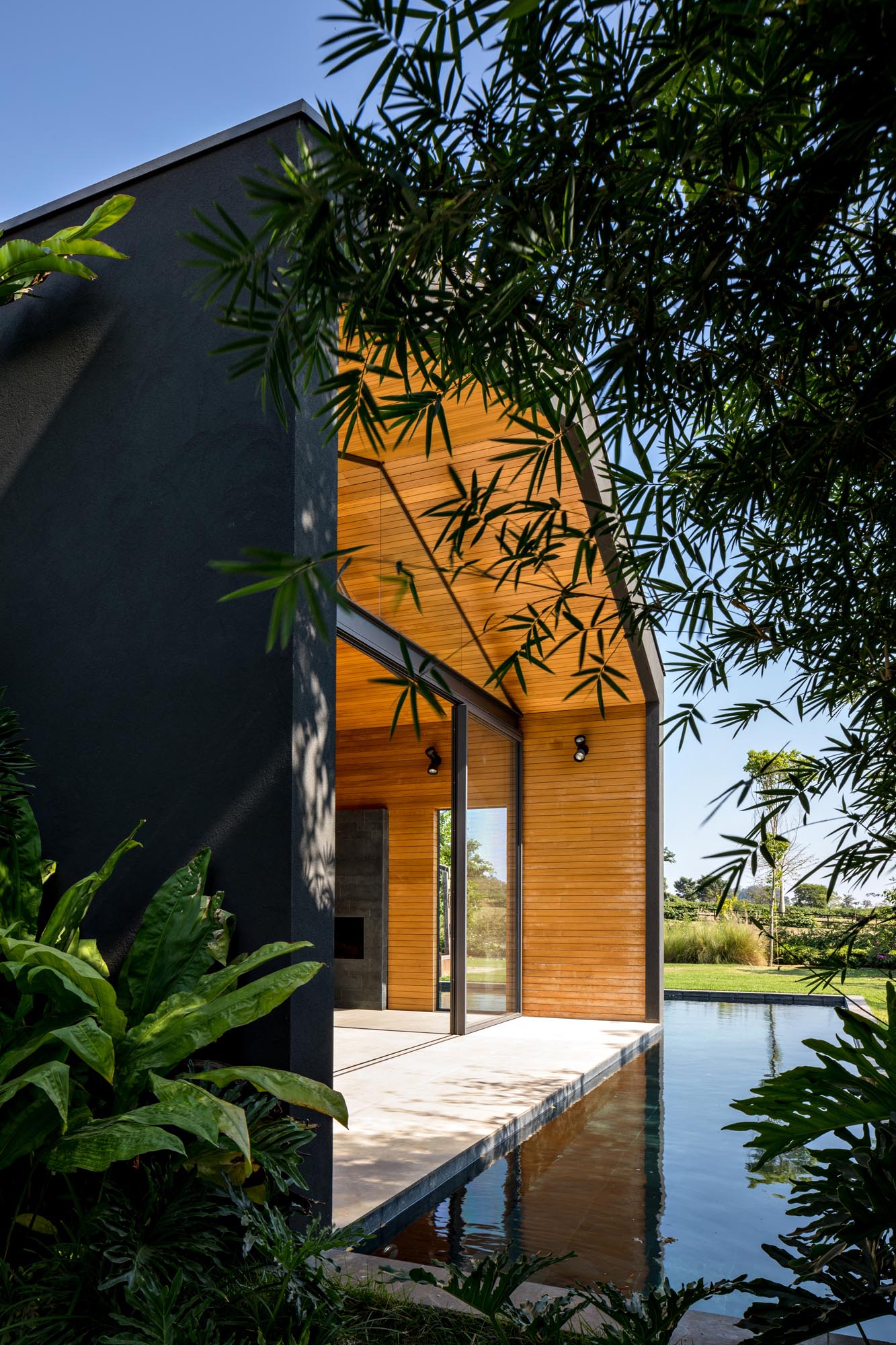 The exterior of this modern home is a black-painted mass, contrasting the surrounding nature, and providing a bold backdrop for the outdoors spaces, like the patio and swimming pool.