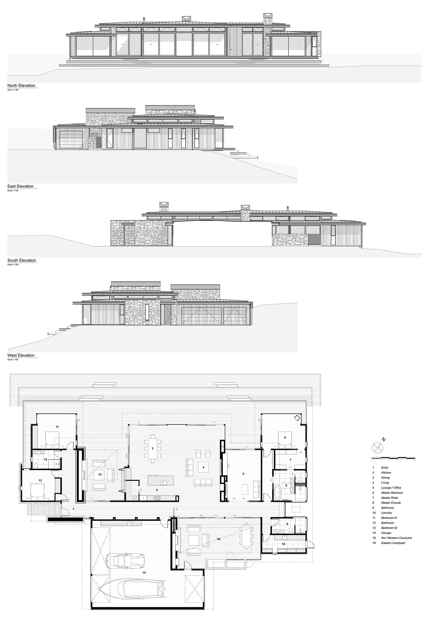 The elevations and floor plan of a modern single storey home.