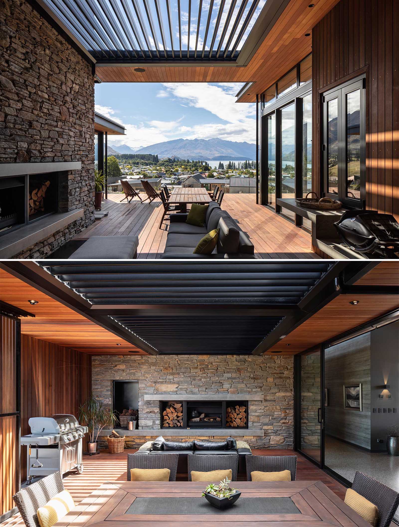 A modern courtyard with a louvre roof, a fireplace, BBQ, lounge, and dining area.