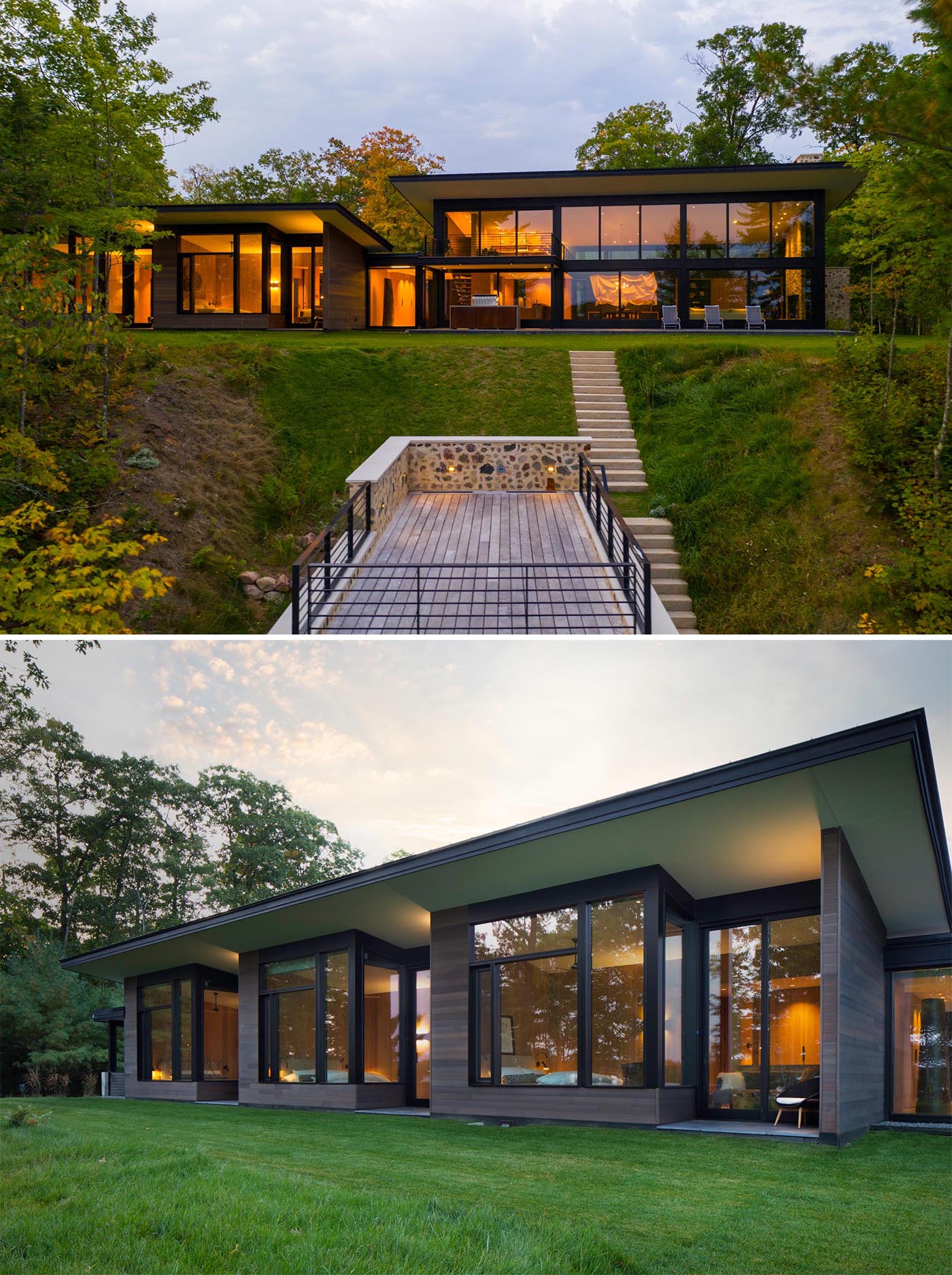 The lakefront side of the home has large windows that span the entire exterior, filling the interior with natural light, and allowing the views of the lake and the boathouse below to be enjoyed.