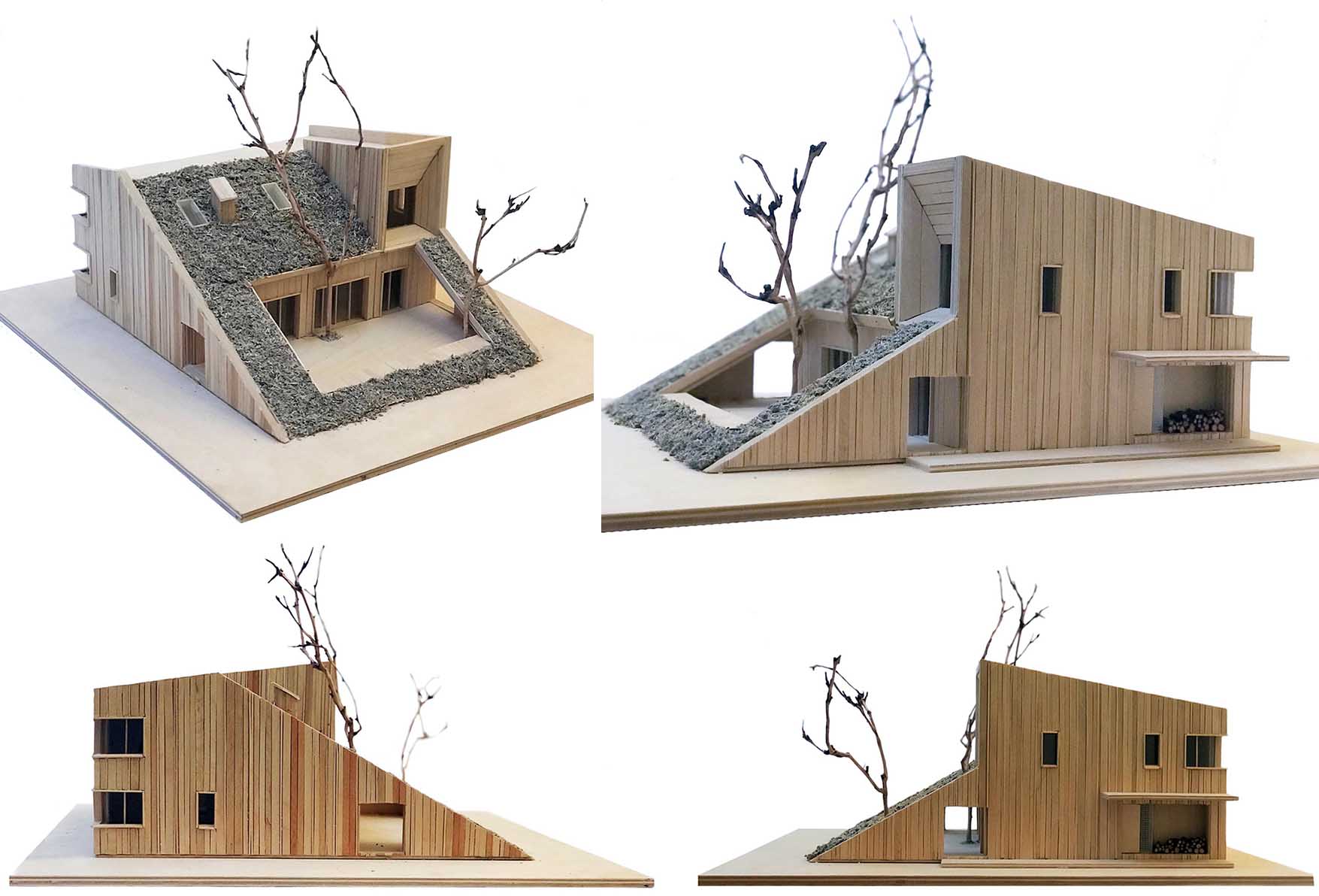 The model of a modern house with a sloped green roof.