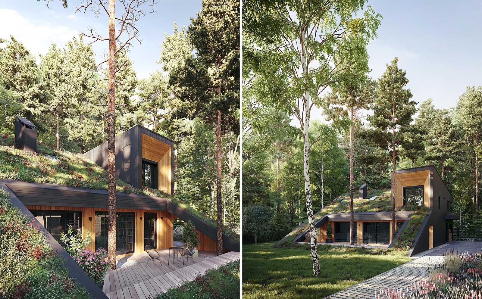 A modern house with a sloped green roof, and light and dark wood siding.