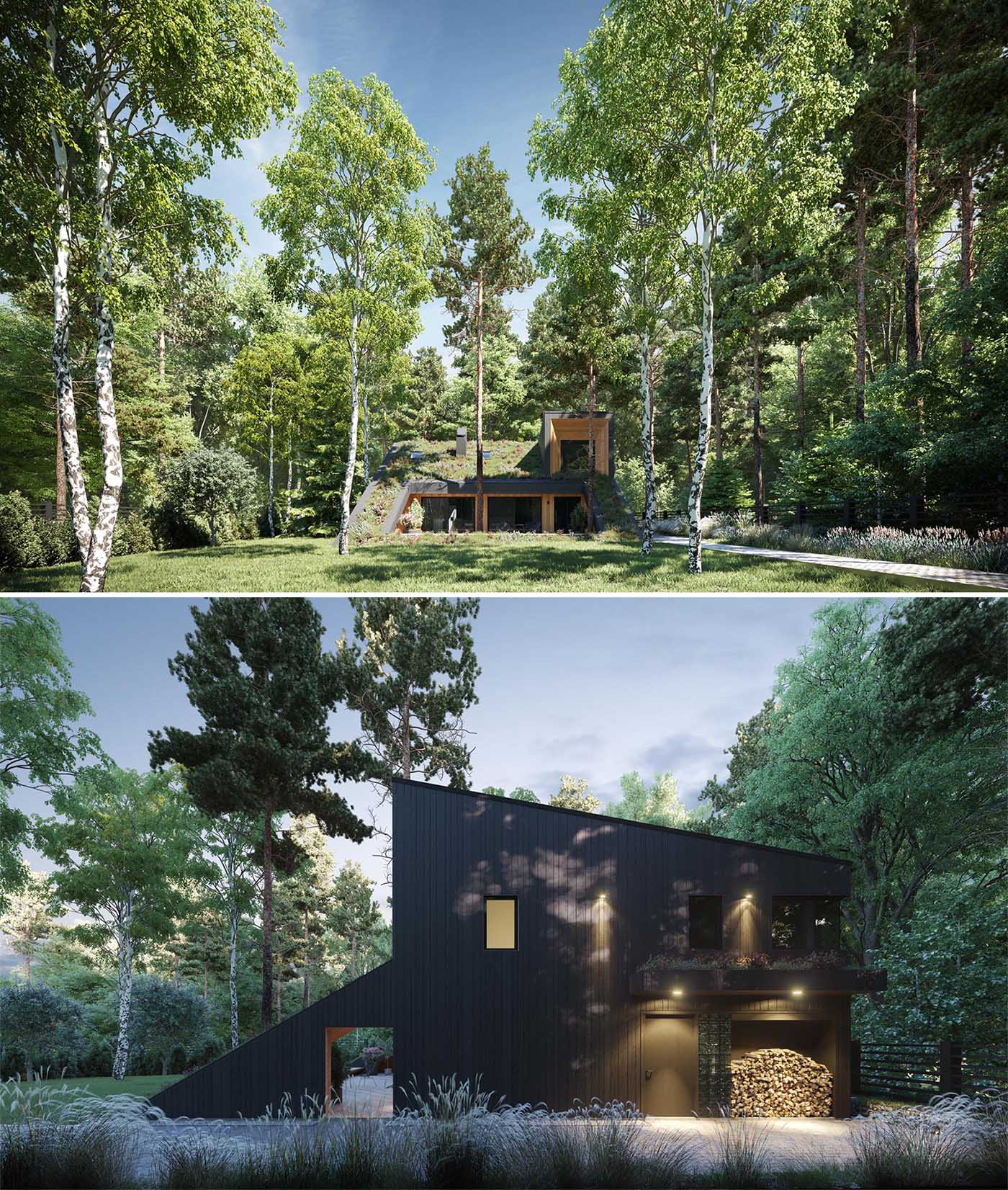 A modern house with a sloped green roof, and light and dark wood siding.