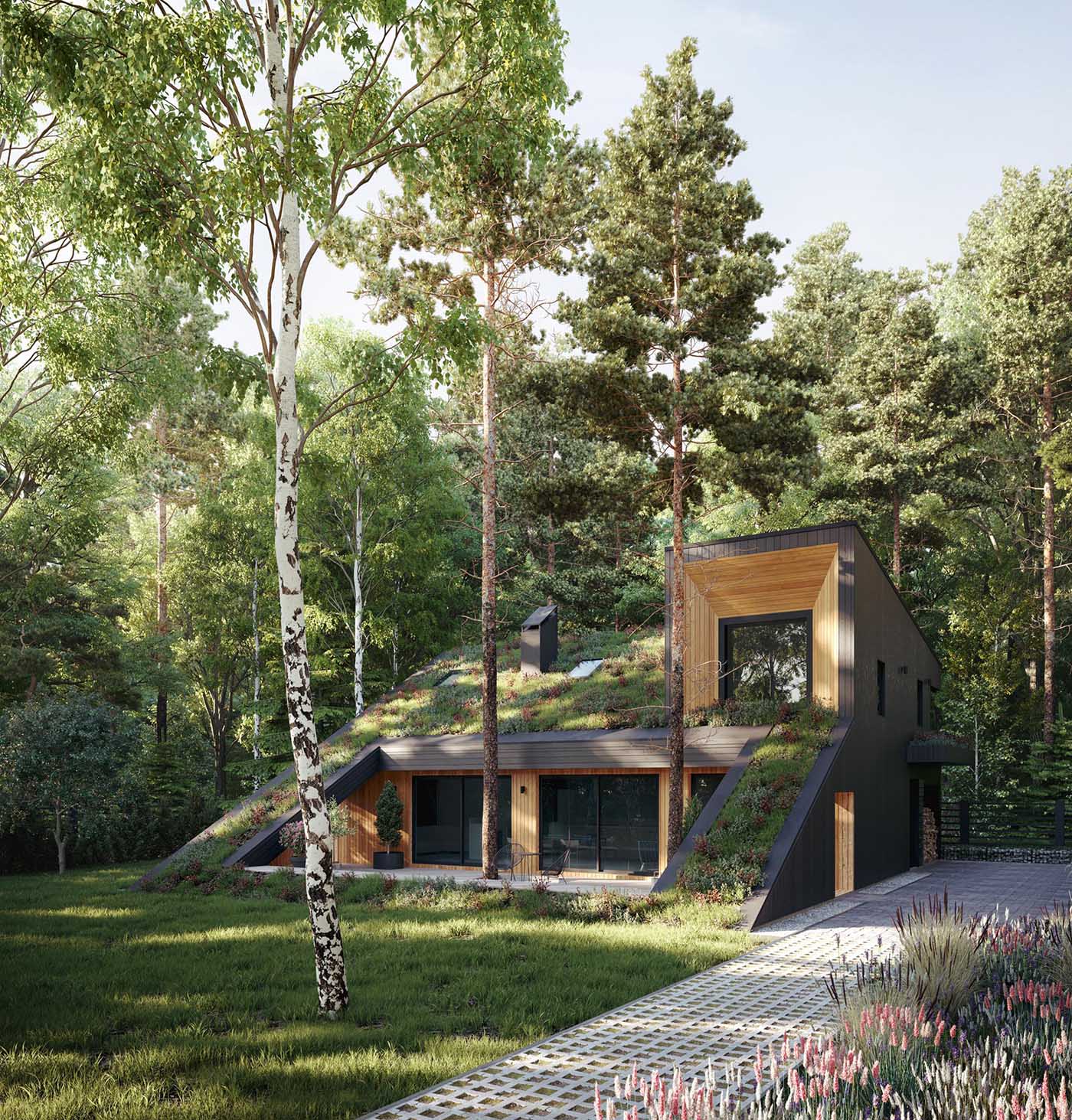 A modern house with a sloped green roof, and light and dark wood siding.