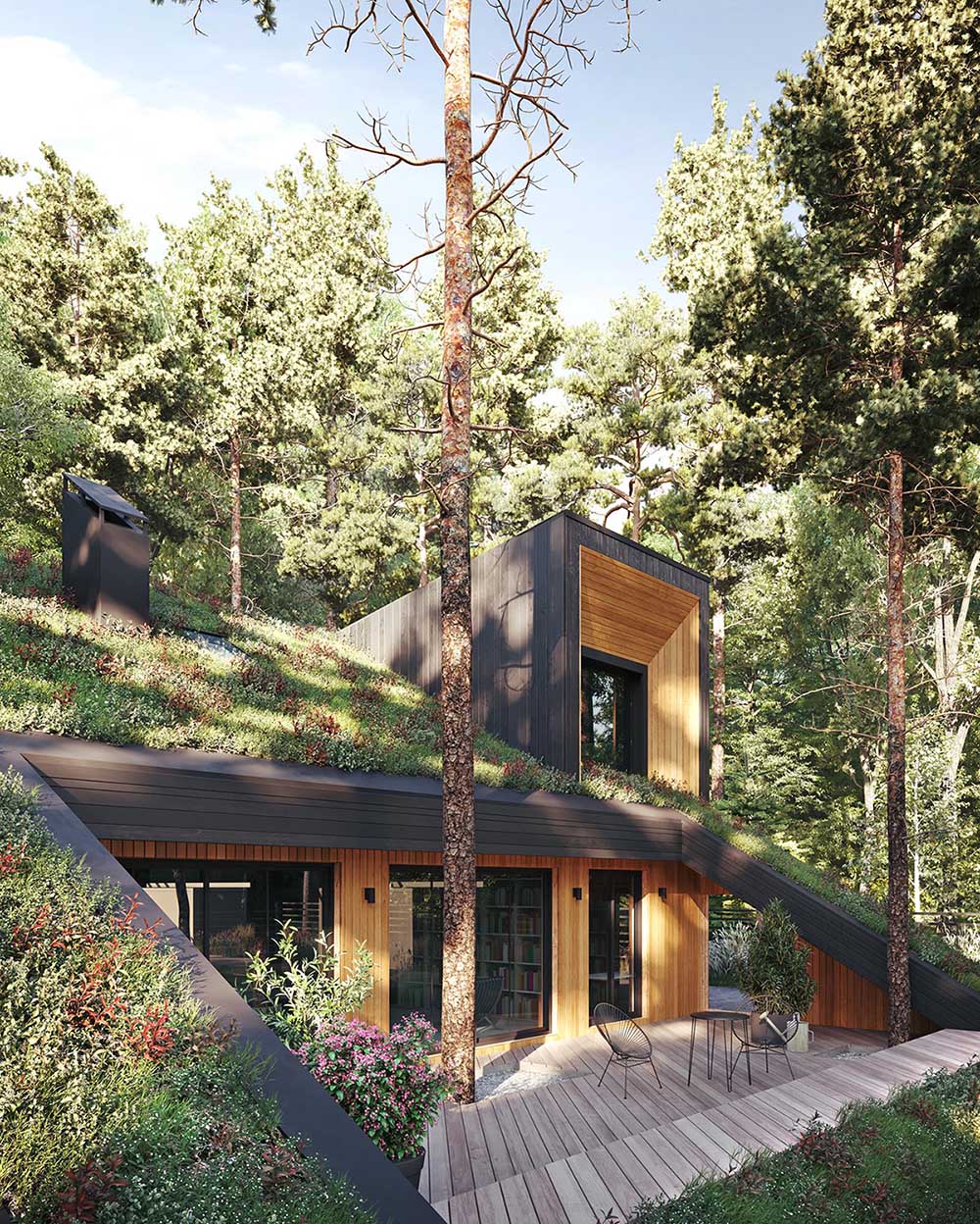 A modern house with a sloped green roof.