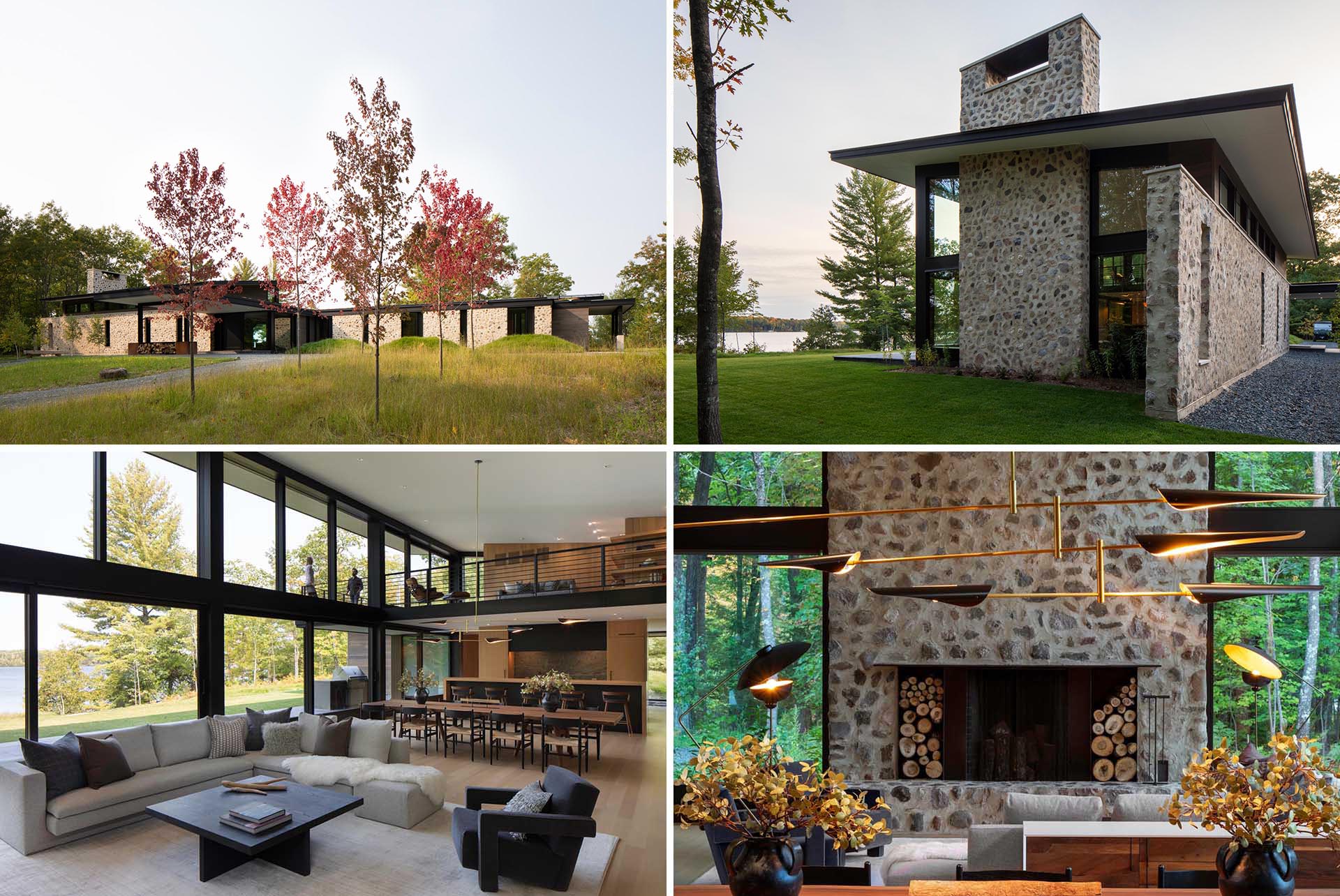Vetter Architects has designed 'Camp Spirit Lake', a modern guest lodge that showcases rough-cut fieldstone and large windows that overlook a lake.