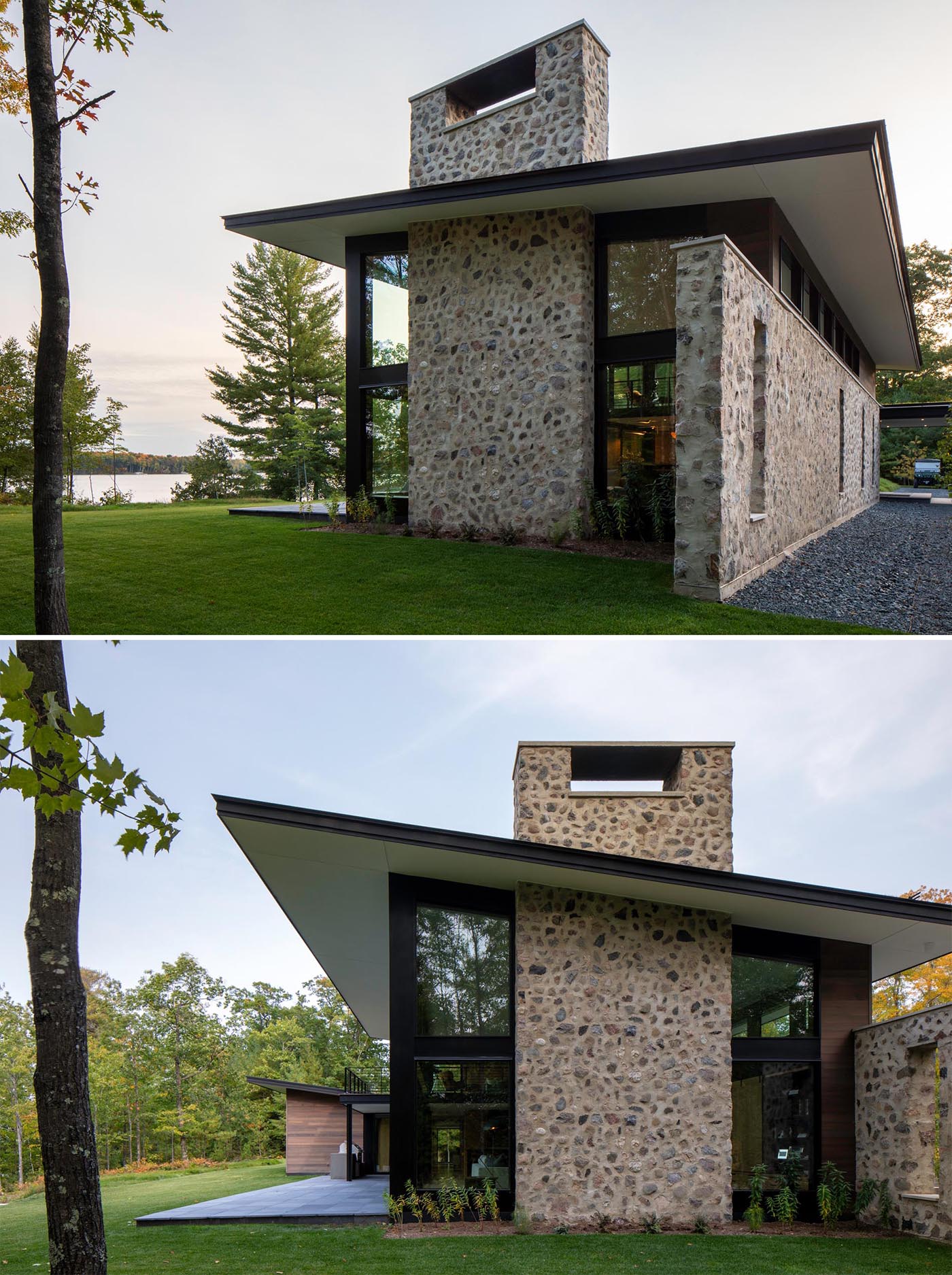 Rough-cut fieldstone set in thick, hand-troweled mortar stretches across this modern homes exterior’s south facade and connects with the interior two-story central fireplace.