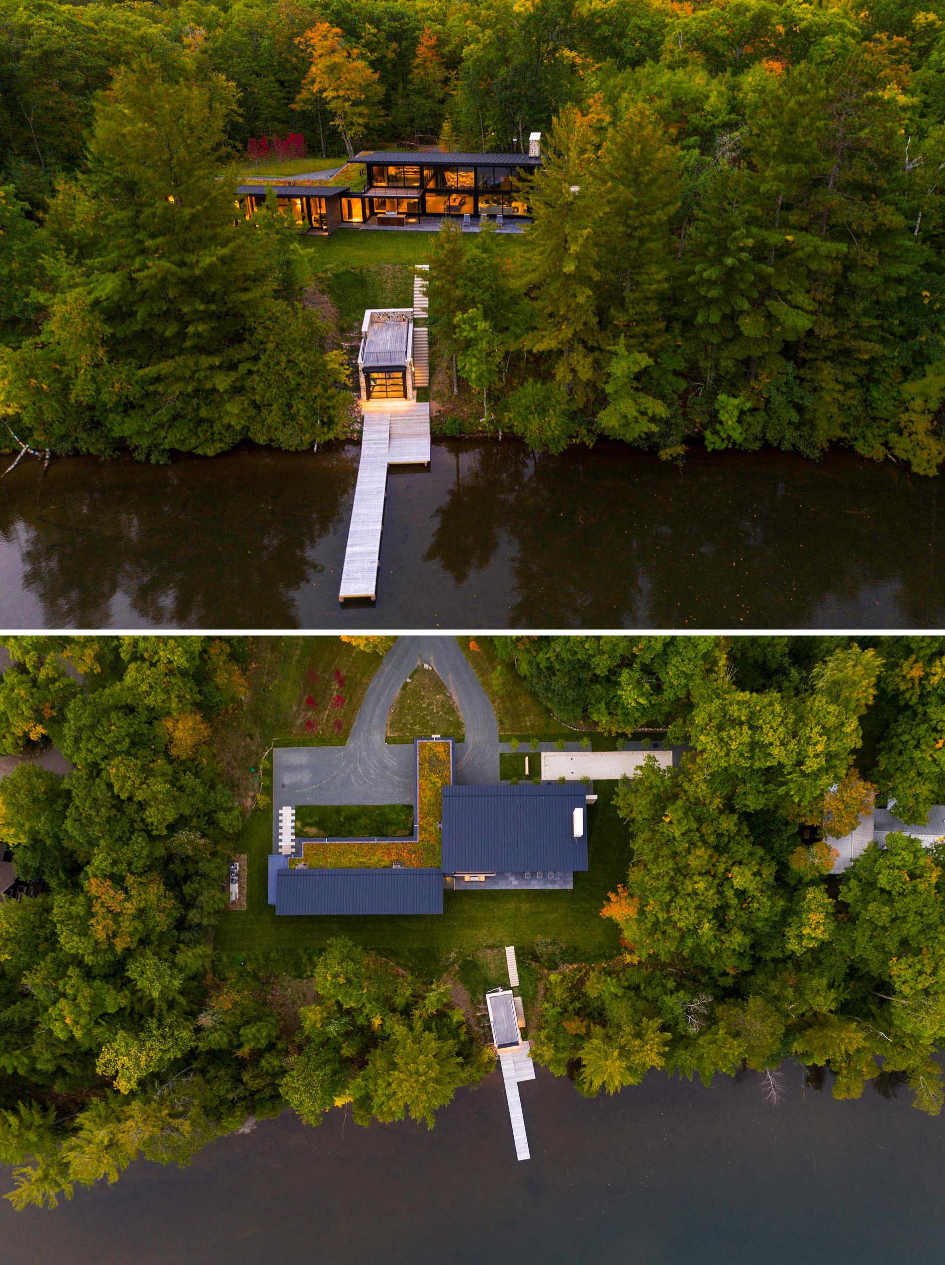 The lakefront side of the home has large windows that span the entire exterior, filling the interior with natural light, and allowing the views of the lake and the boathouse below to be enjoyed.