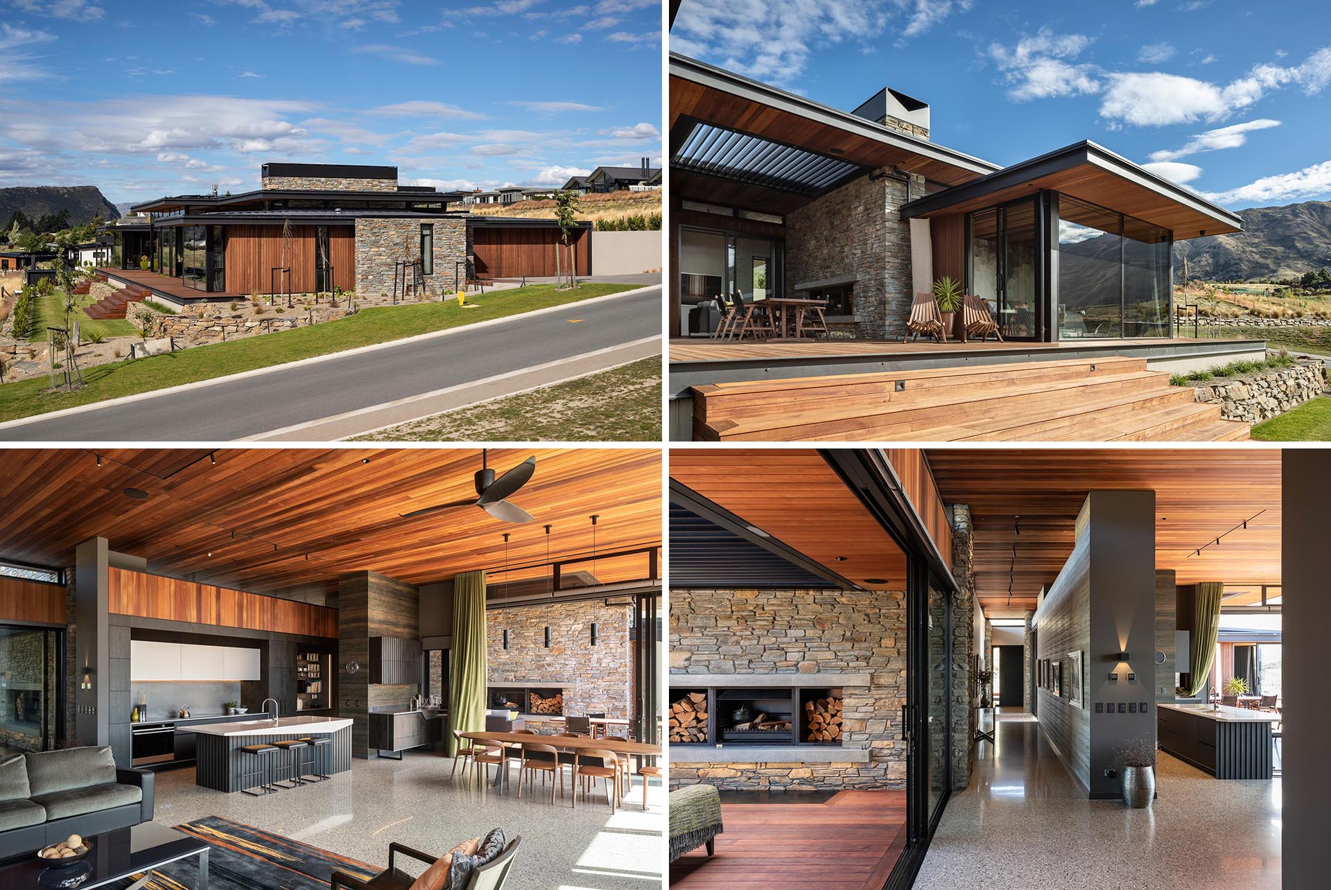 A modern home that includes low-slung roofs and deep eaves, and materials like stone, wood, and metal.