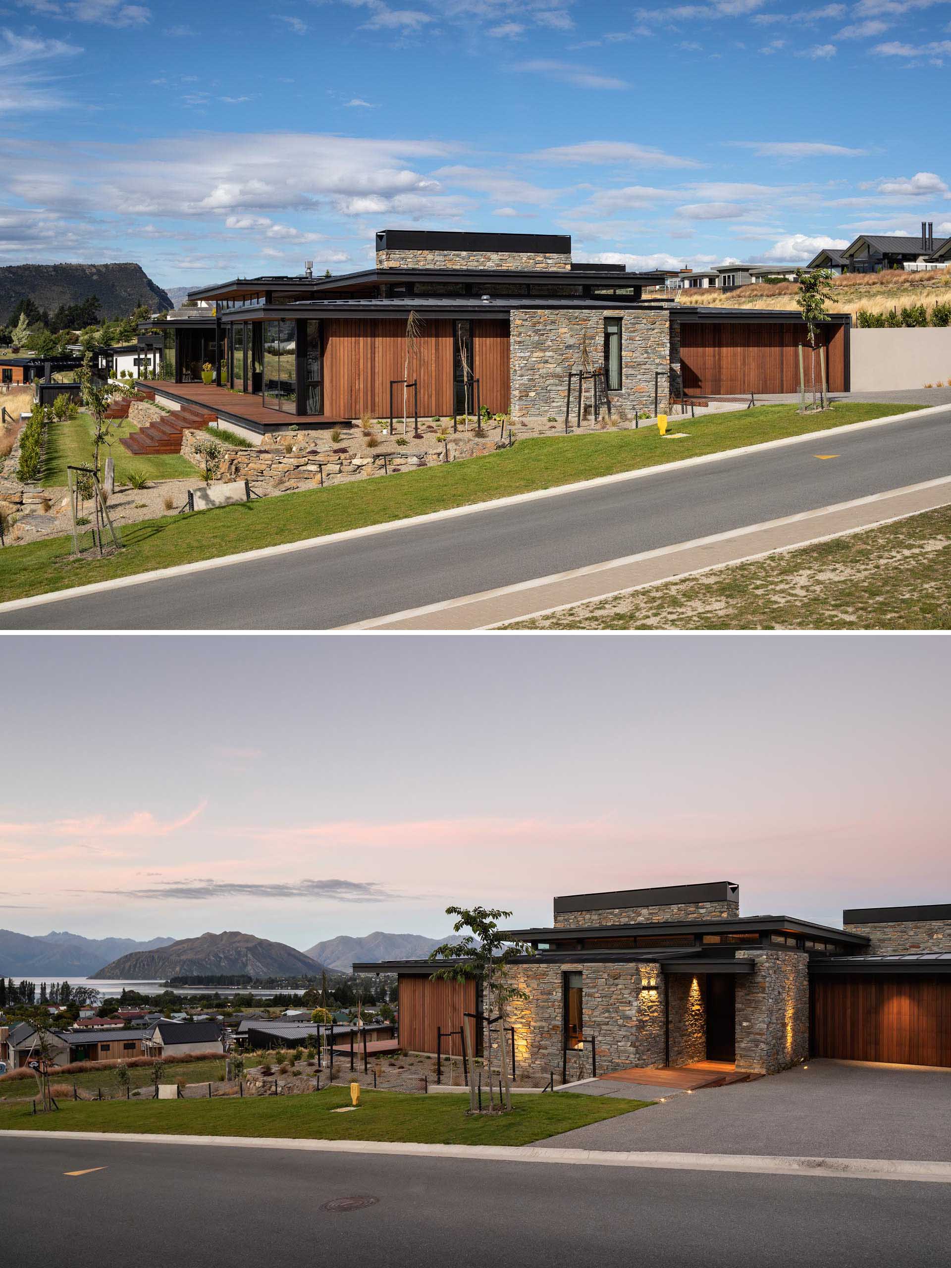 Using a palette of schist, metals and cedar, with exposed structural steel fascias to add a touch of grit, this modern house appears in keeping with the alpine and rural landscapes of the area.