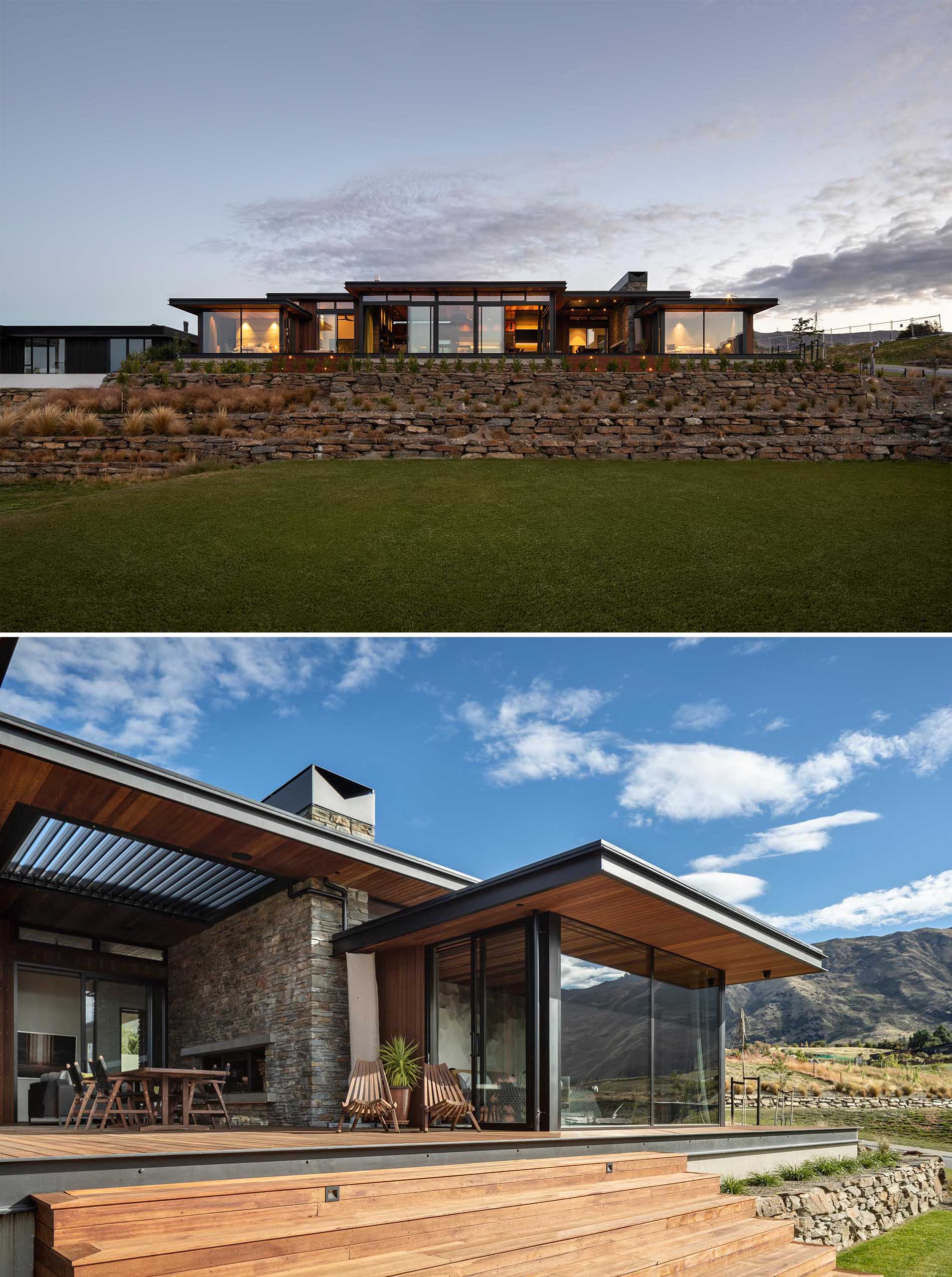 Using a palette of schist, metals and cedar, with exposed structural steel fascias to add a touch of grit, this modern house appears in keeping with the alpine and rural landscapes of the area.