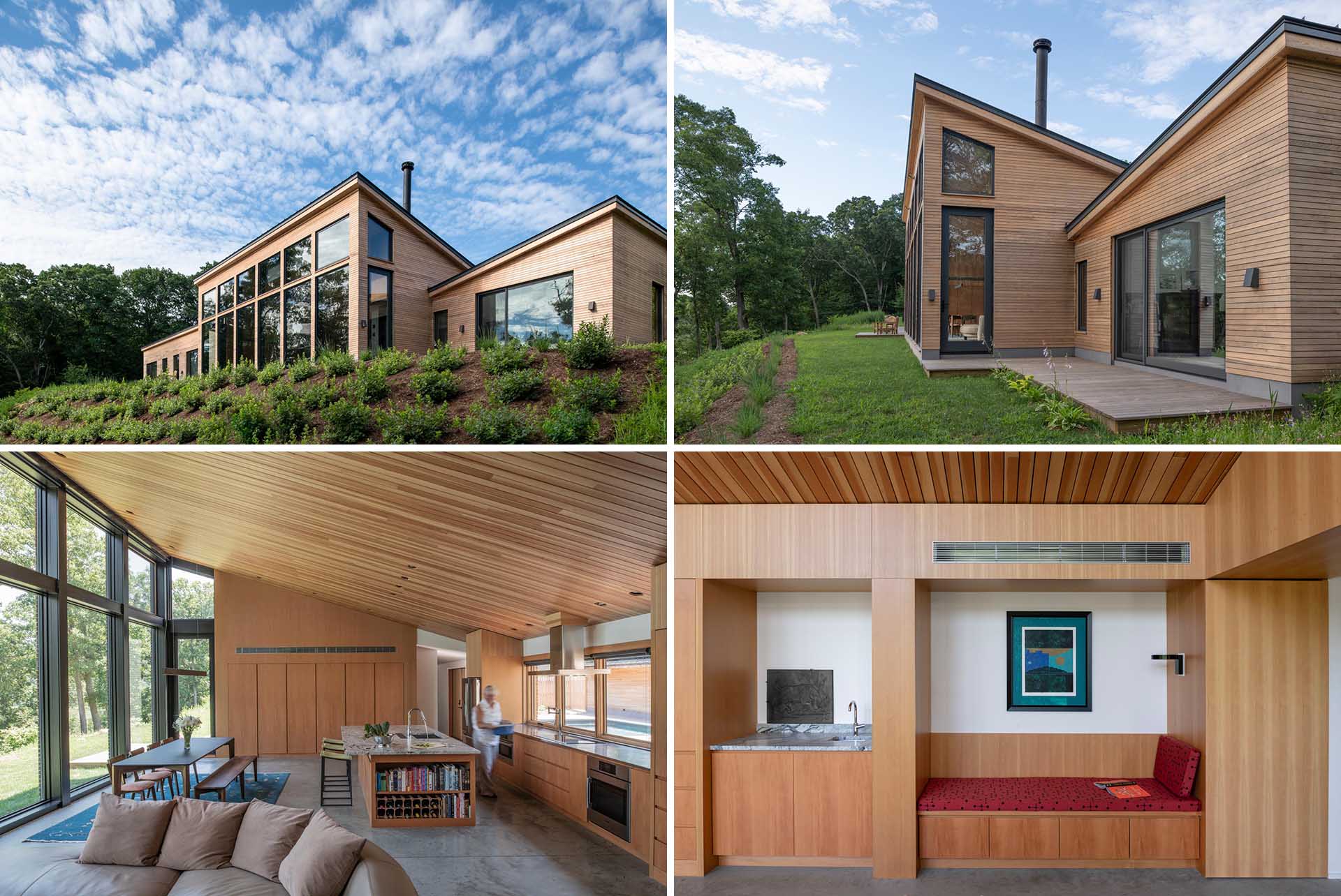 The architects built this modern home with an aesthetic focused natural materials that need no finishing or maintenance. They
selected only rot-resistant wood that can be used naturally with no applied stain or seal. 