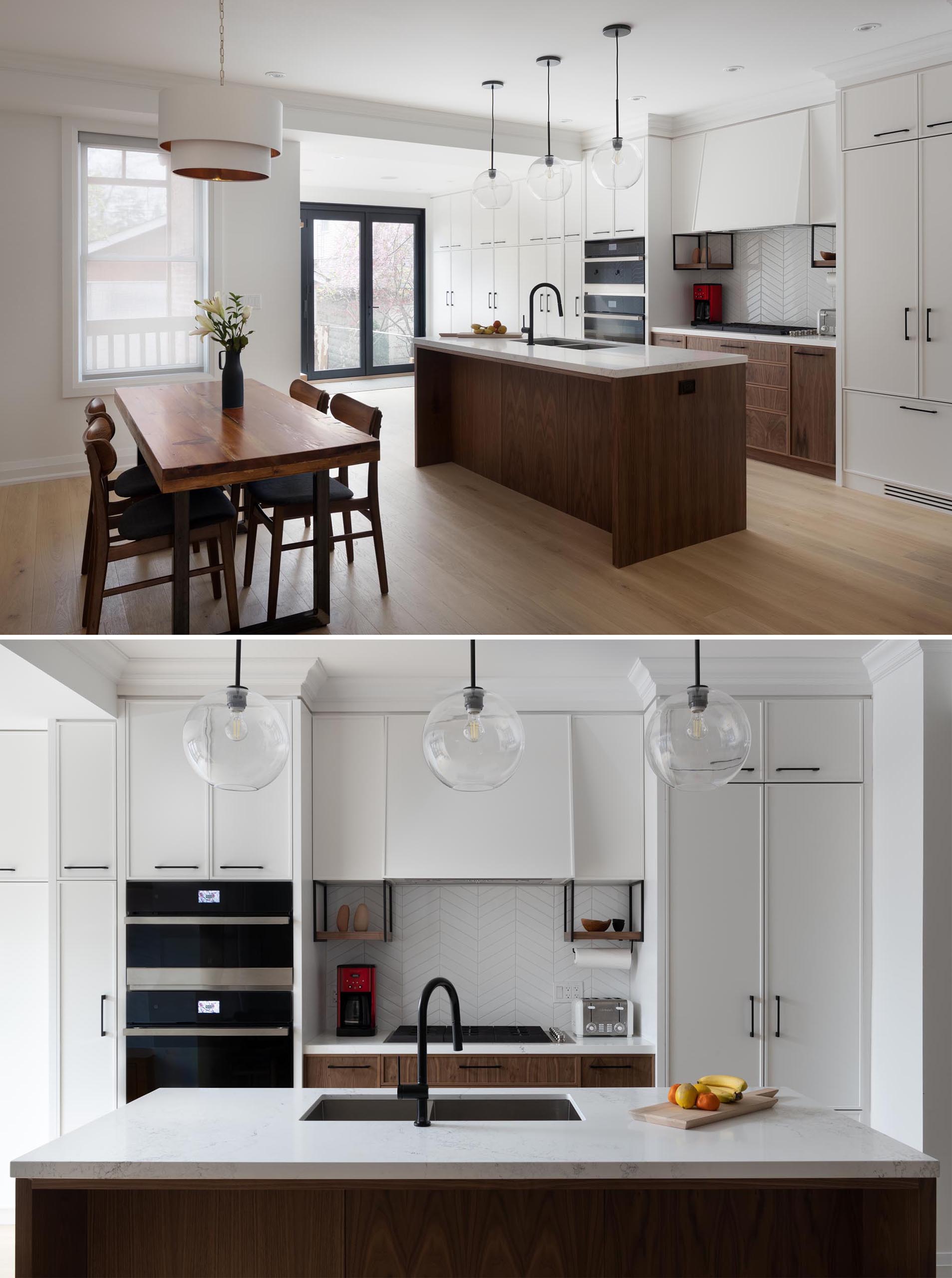 This modern kitchen includes built-in appliances, like a concealed fridge and dishwasher, as well as plenty of storage for baking items, a pantry, garbage and recycling, and cleaning supplies.