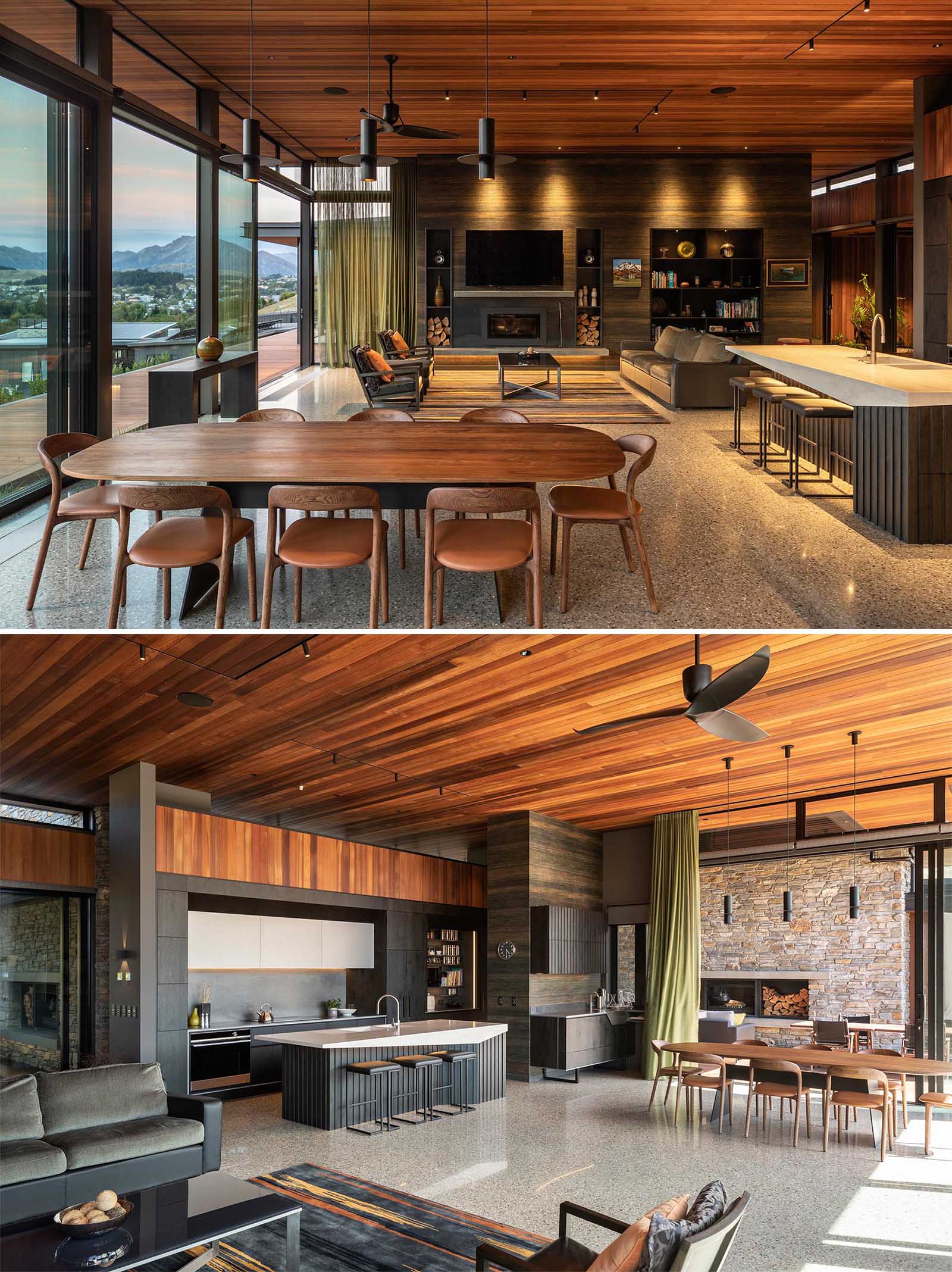 The deep colors and textures of the interior palette and natural exterior materials used throughout this modern home provide a rich backdrop to the sweeping views, with spaces planned to take in as much of the outdoors as possible while still keeping the homeowners warm and snug in winter.
