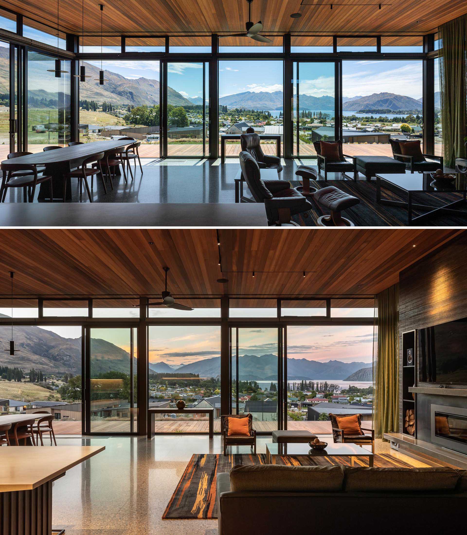 Clerestory windows around the boundaries of this modern living room allow natural light to filter through into the heart of the home.