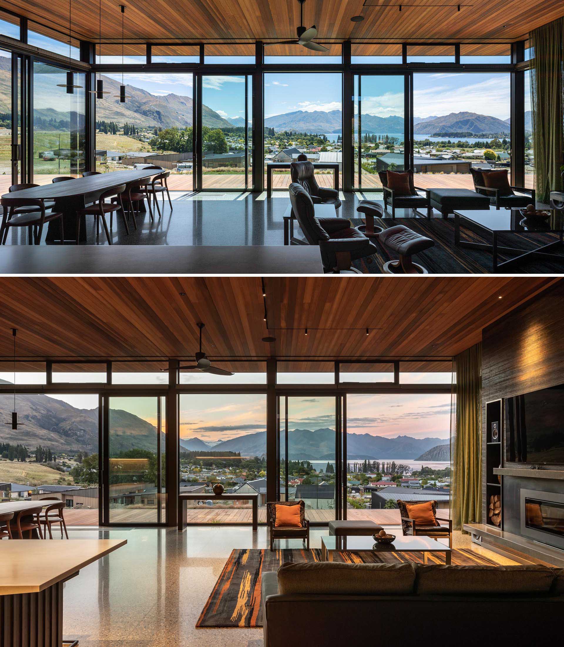 Clerestory windows around the boundaries of this modern living room allow natural light to filter through into the heart of the home. 