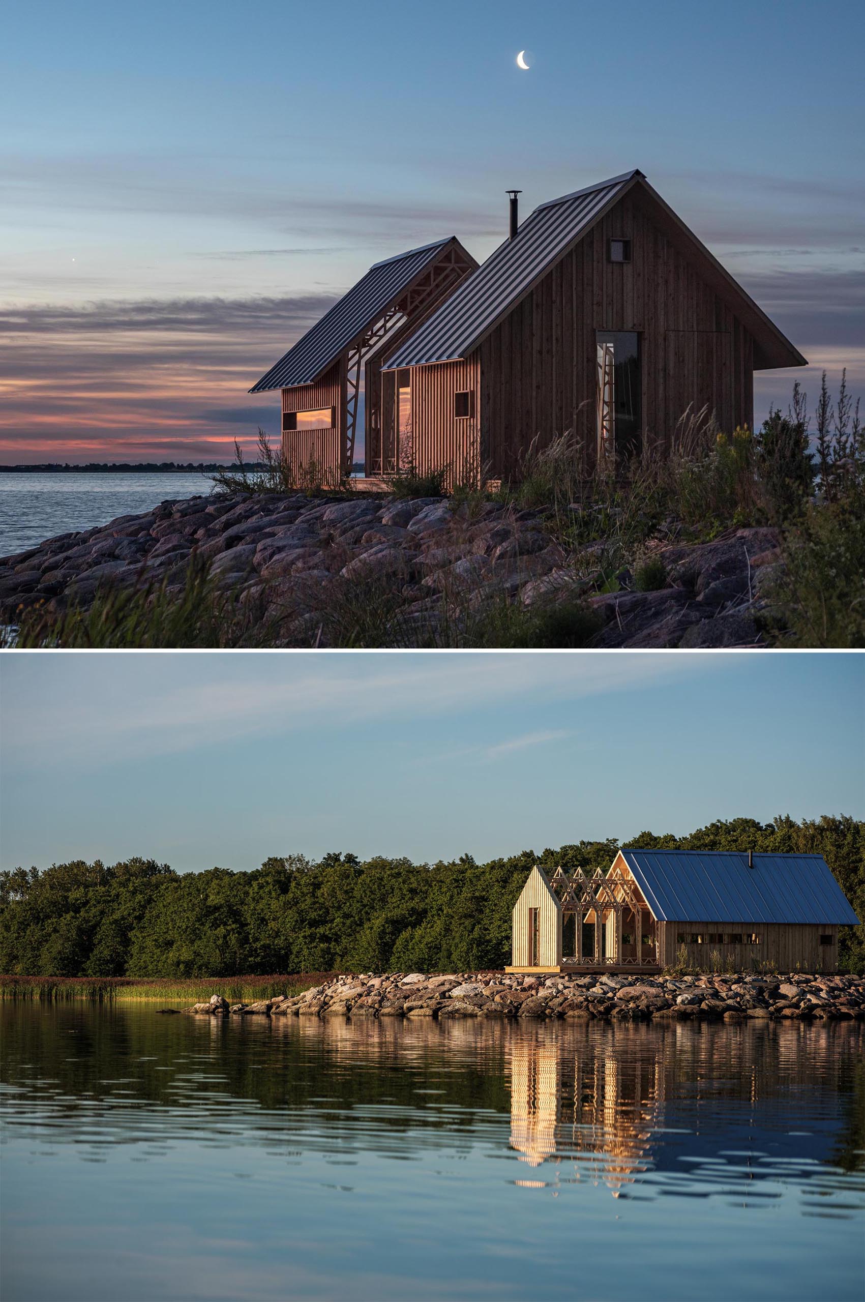 A versatile small and modern wood cabin with two different ‘shells’ as outer walls, which are supported on rails, allowing the interior to be open to the outdoors.