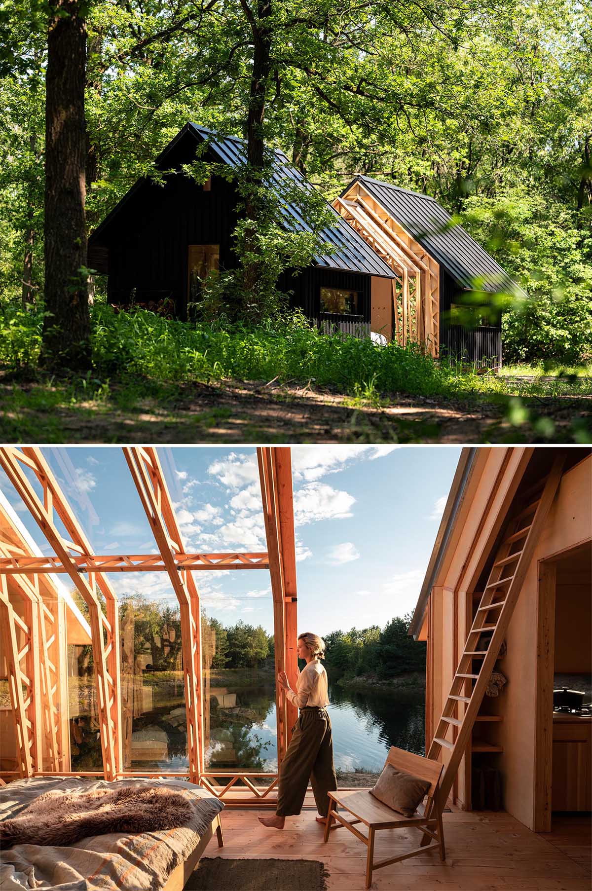 A versatile small and modern wood cabin with two different ‘shells’ as outer walls, which are supported on rails, allowing the interior to be open to the outdoors.