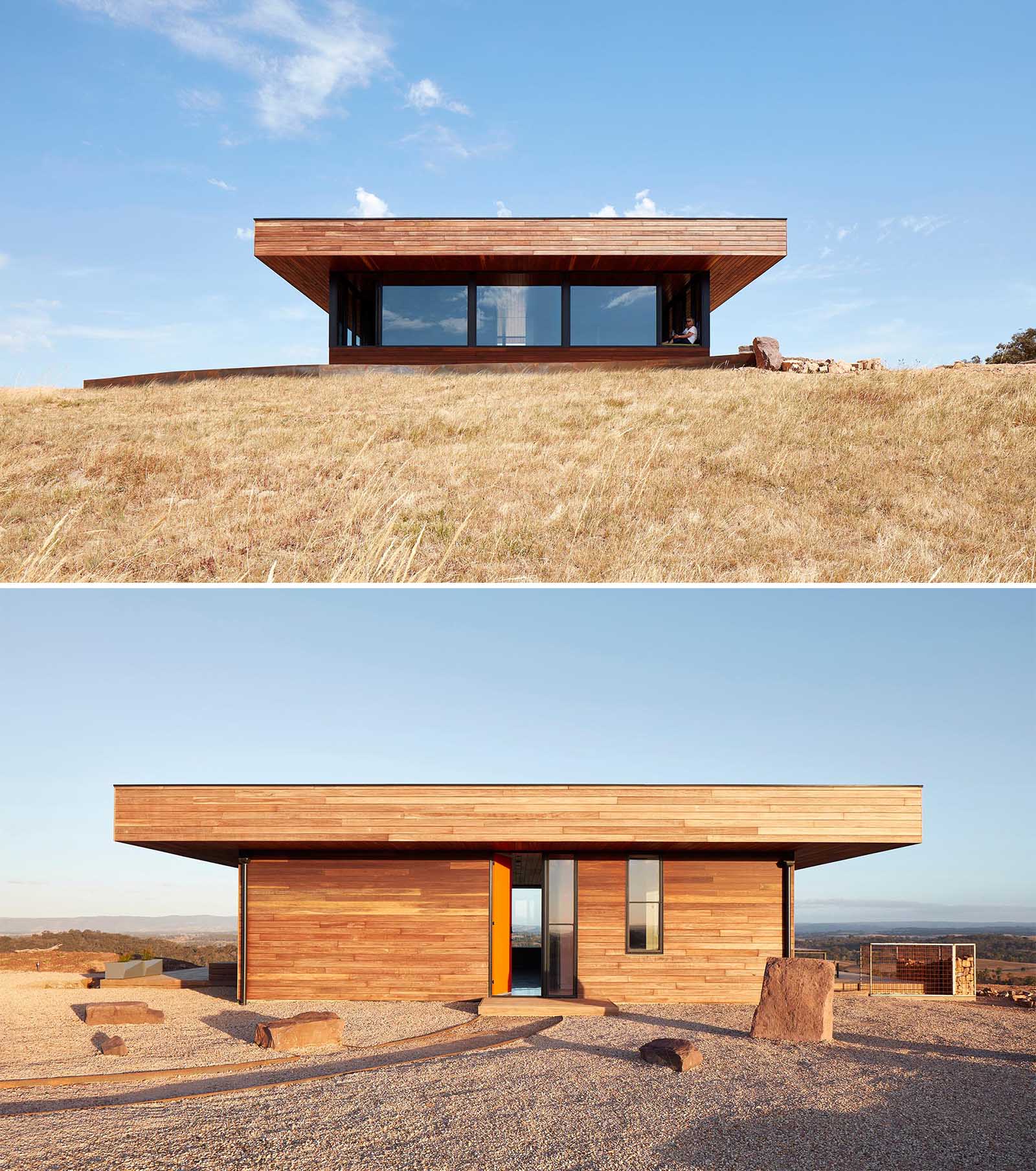 The entire exterior of this small home is clad in Spotted Gum timber, an Australian native hardwood that's so durable that it meets the bushfire rating non-combustibility requirements.