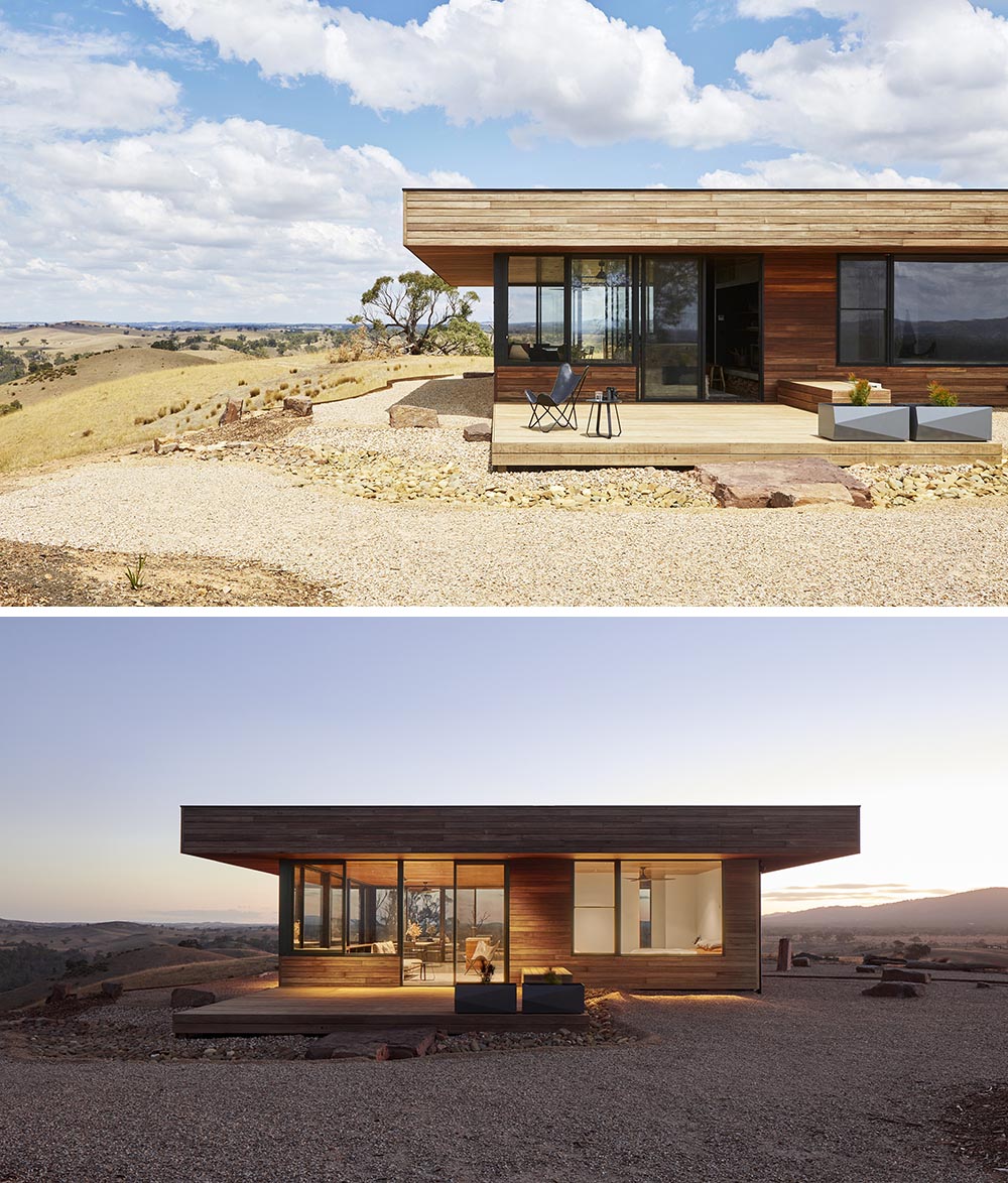 The entire exterior of this small home is clad in Spotted Gum timber, an Australian native hardwood that's so durable that it meets the bushfire rating non-combustibility requirements.
