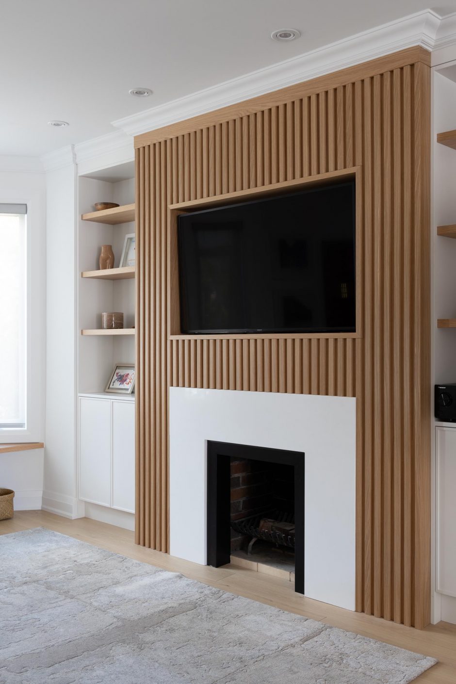 The Wood Slat Accent Of This Living Room Wall Is Perfectly Designed To