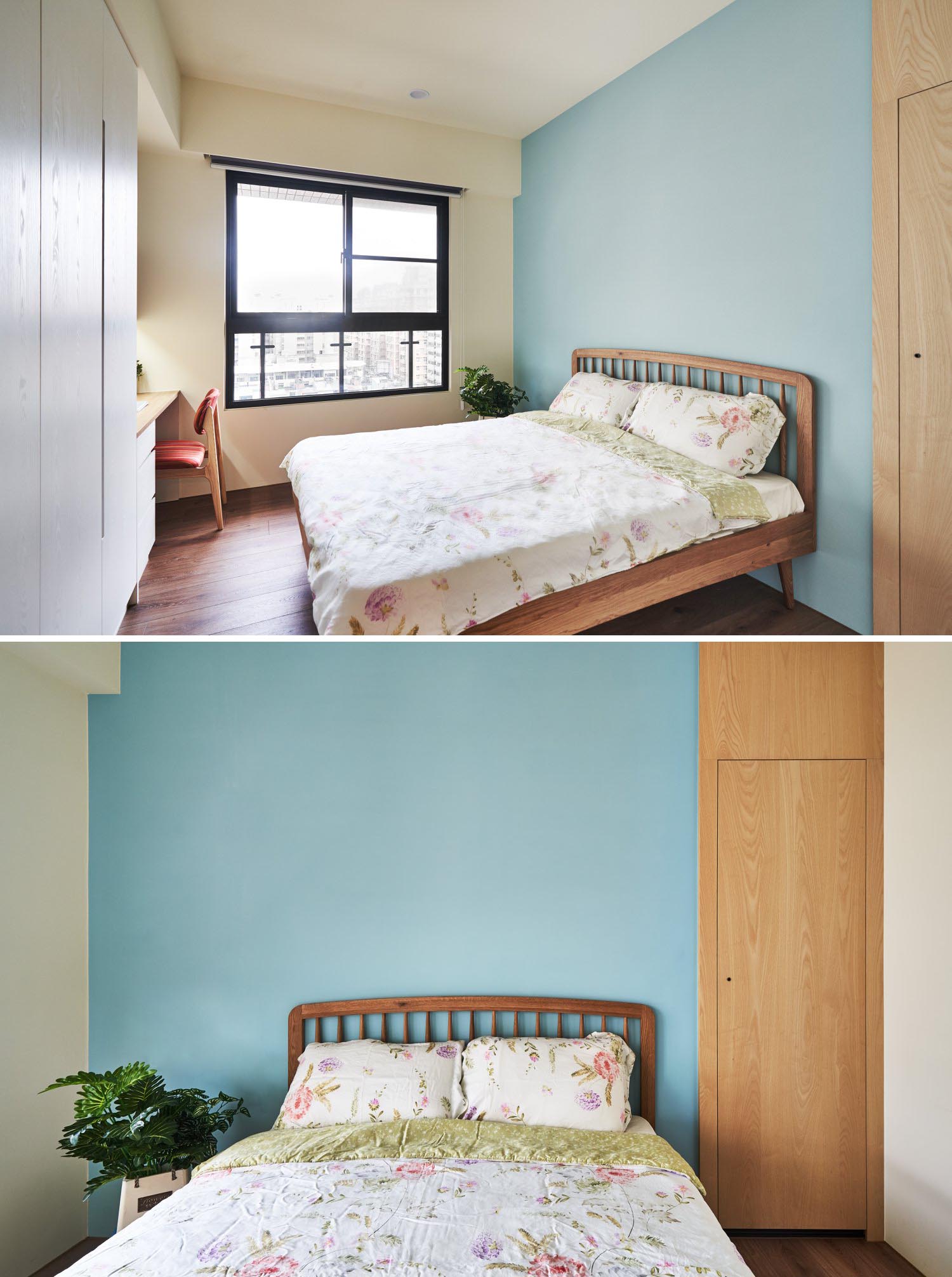 A simple bedroom with a light blue accent walls.