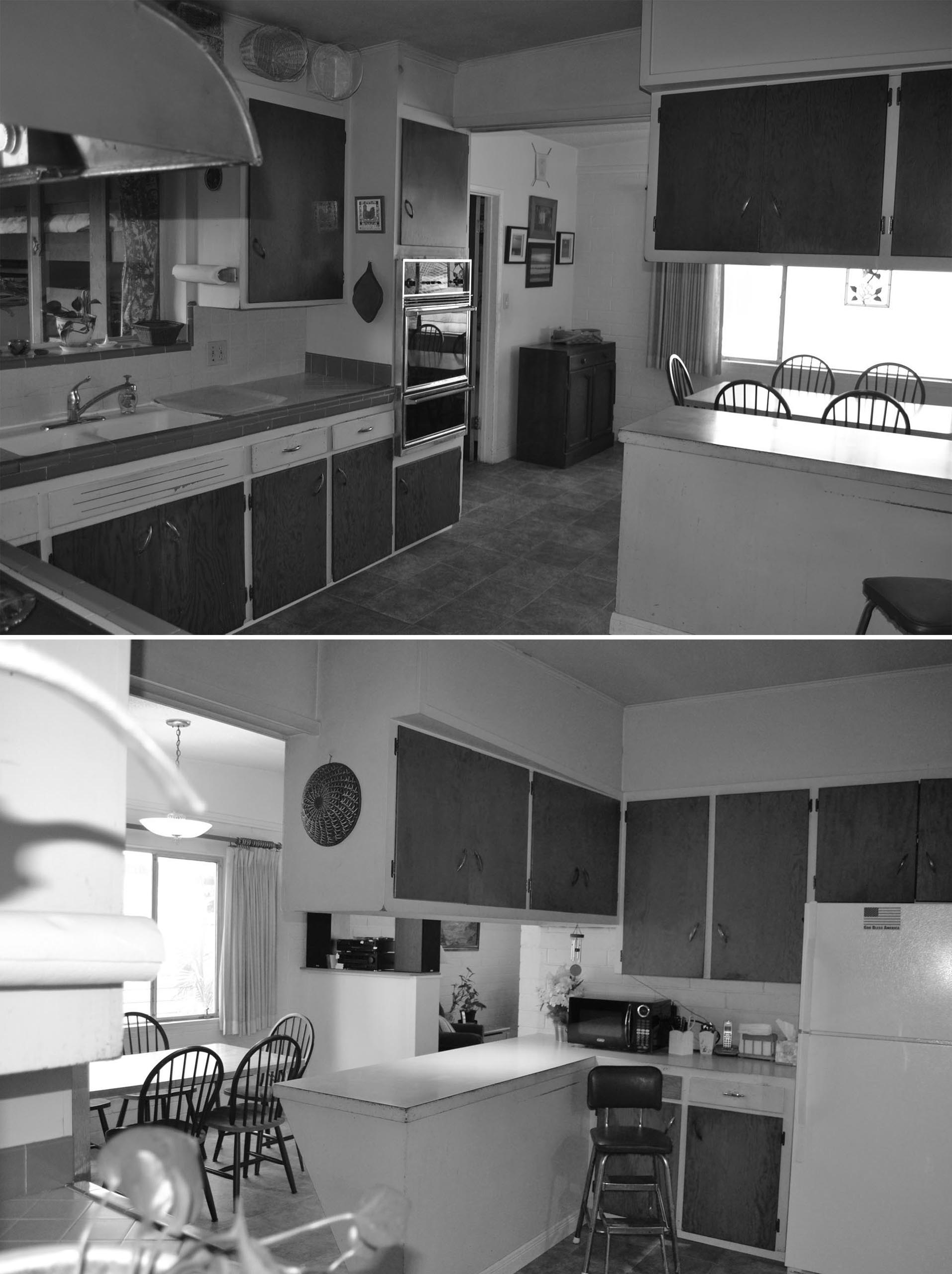 BEFORE PHOTO - The original kitchen had wood front cabinets, a tile countertop, and dated appliances.