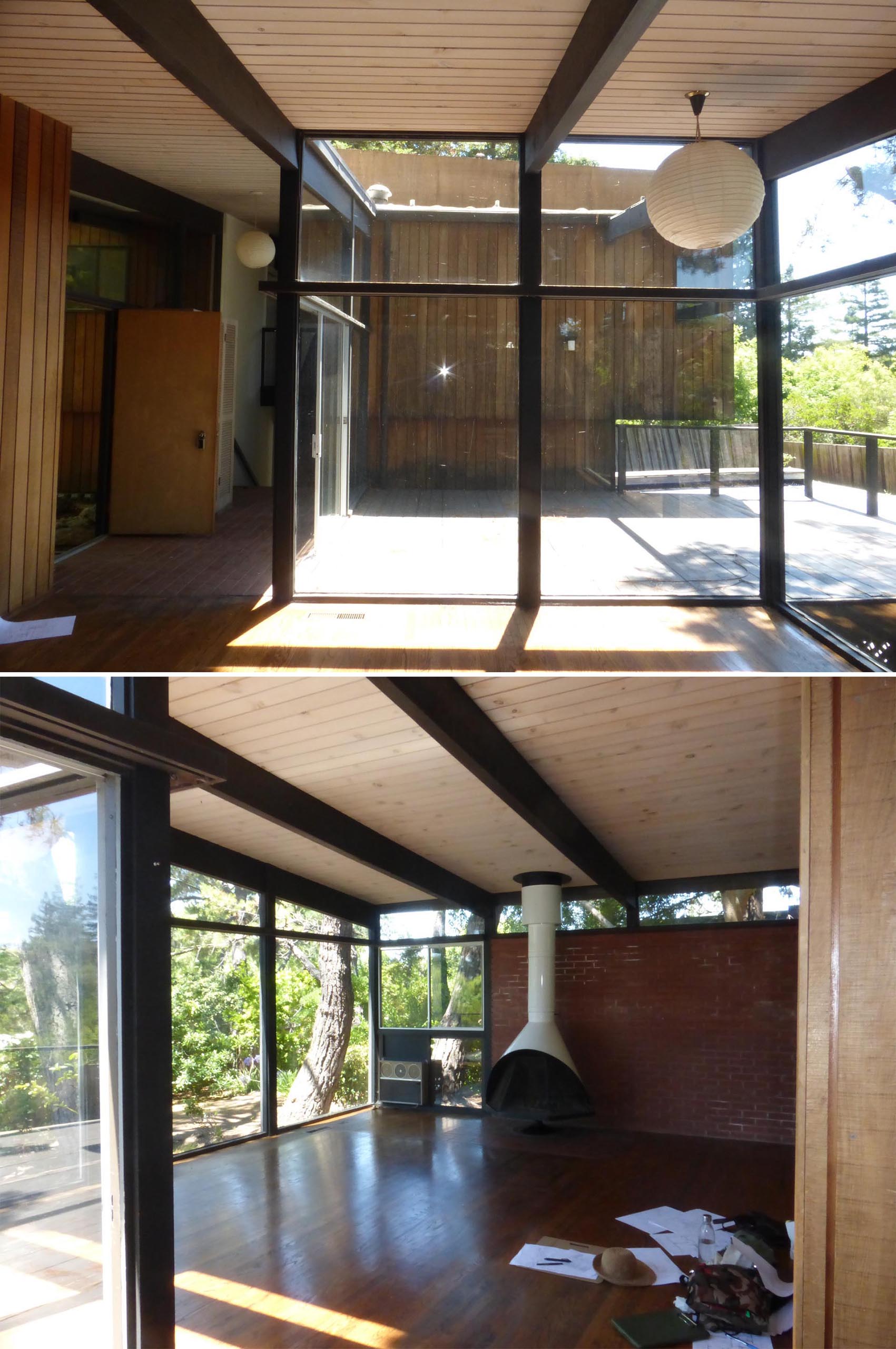Before Photos - The original home designed by Roger Lee in 1962 included dated materials and finishes, small rooms, single-paned glass, and uninsulated walls.