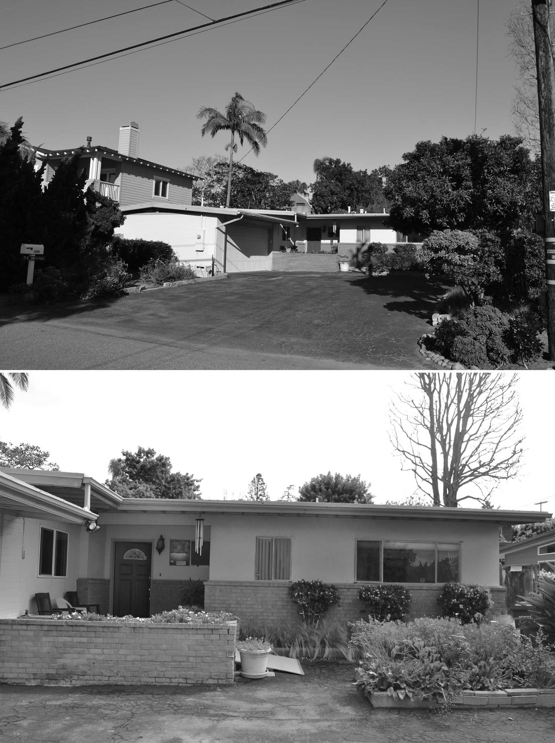 BEFORE PHOTOS - The original 1957 front yard was had a large asphalt driveway with a garage to the side, while the front door was located behind a low brick wall.