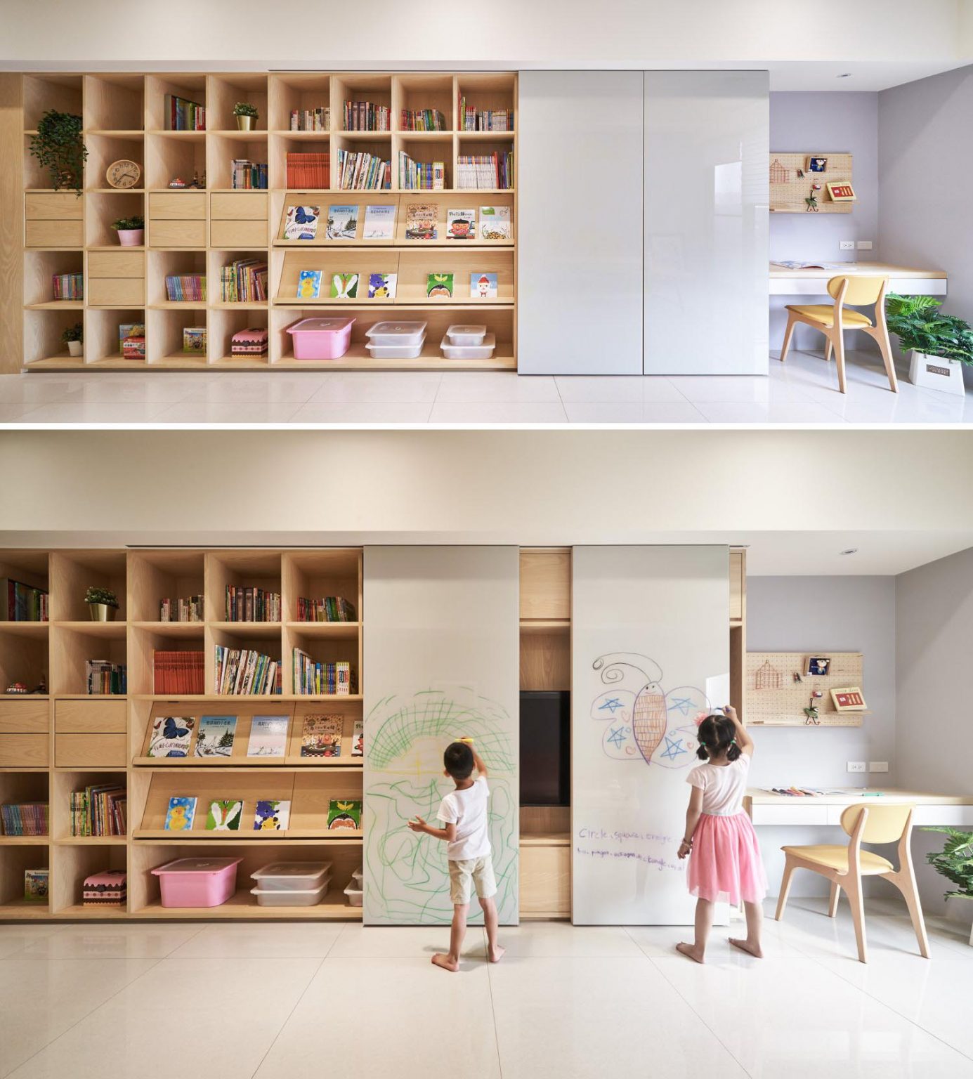 A Sliding Whiteboard Is A Key Feature Of This Shelving Unit Designed