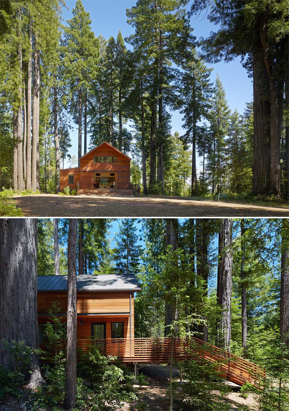 This modern recording studio, with its wood exterior, has black accents and stairs that lead to various entry points, including sliding wood slat doors, similar to barn doors.