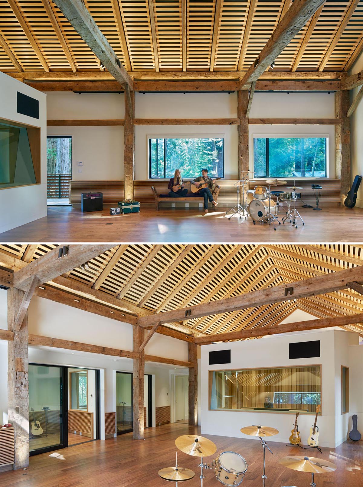 The interior of this modern recording studio includes a large open space with room for multiple instruments, as well as private recording rooms and a sound booth.