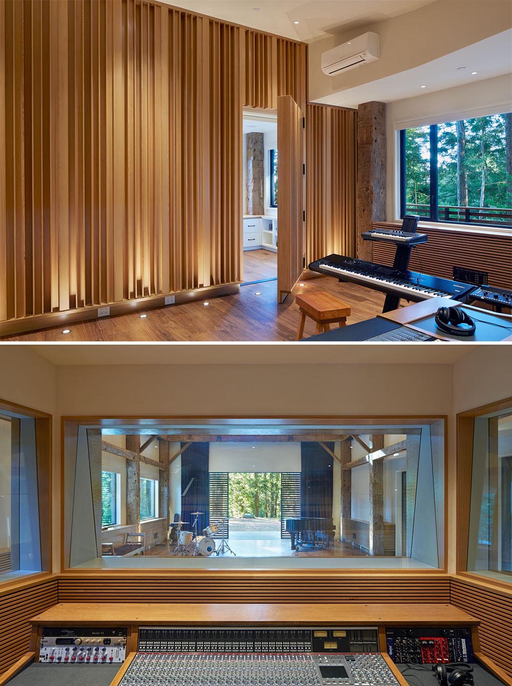 A modern recording studio and sound booth.