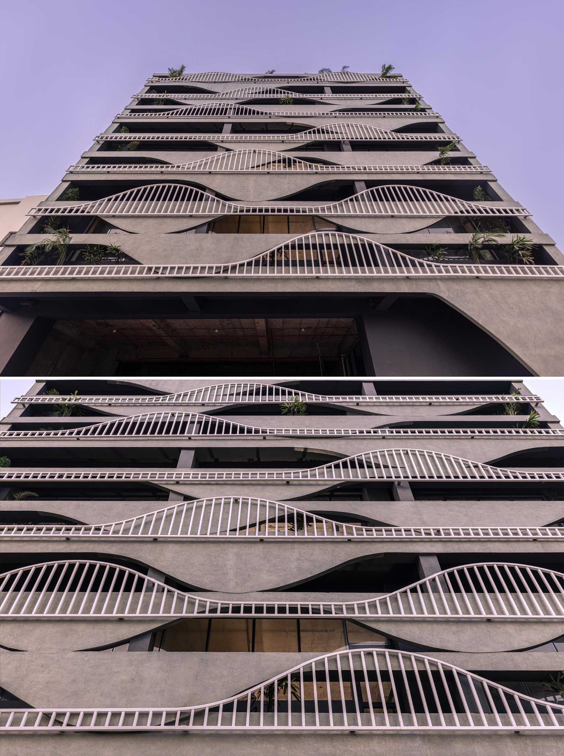 A unique building facade that's designed to look like melting concrete, with complimentary balcony railings.