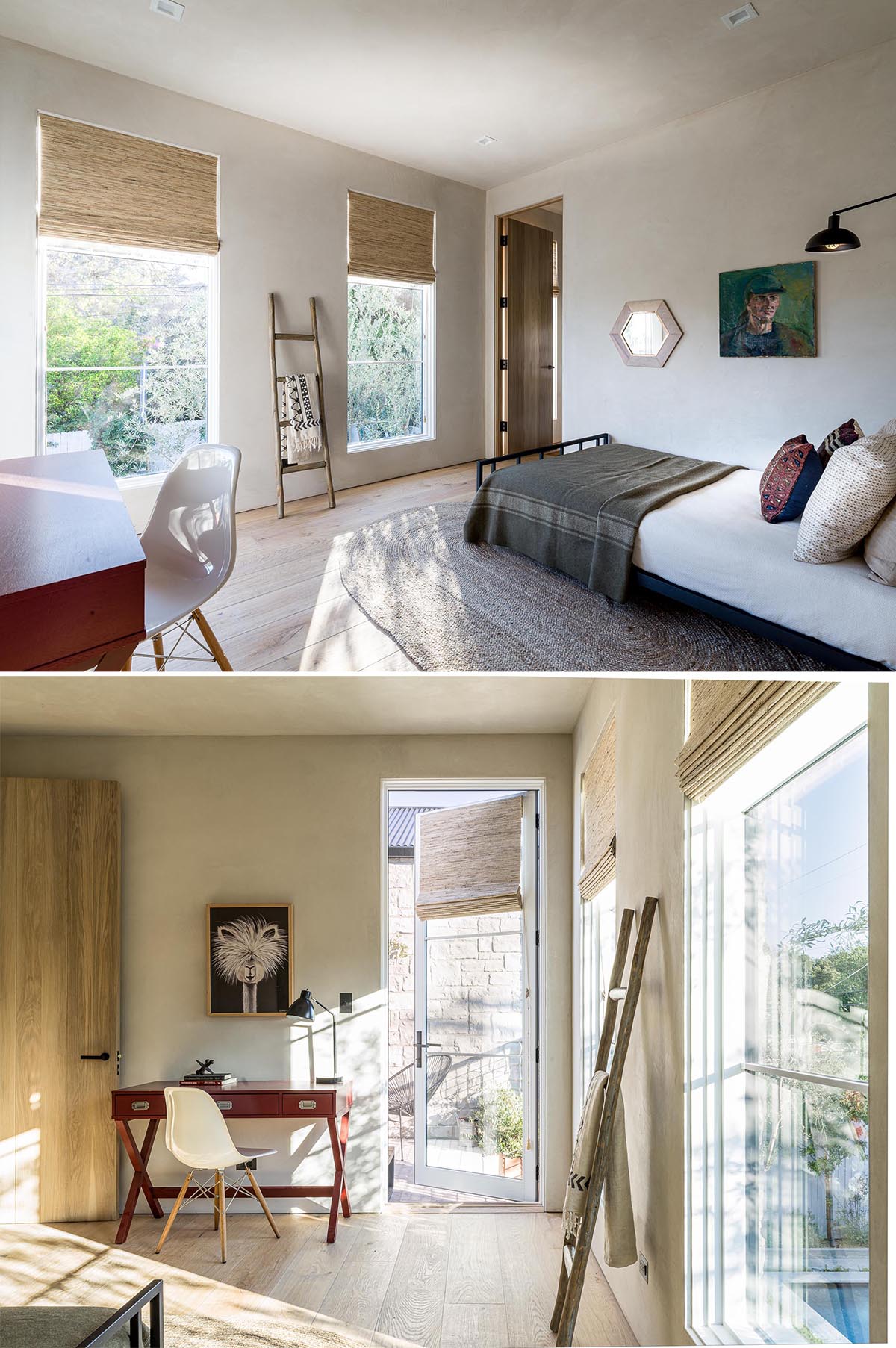 A contemporary guest bedroom with white oak floors.