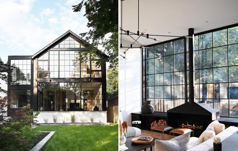A Grid Of Square Black Window Frames Cover The Back Wall Of This Renovated House