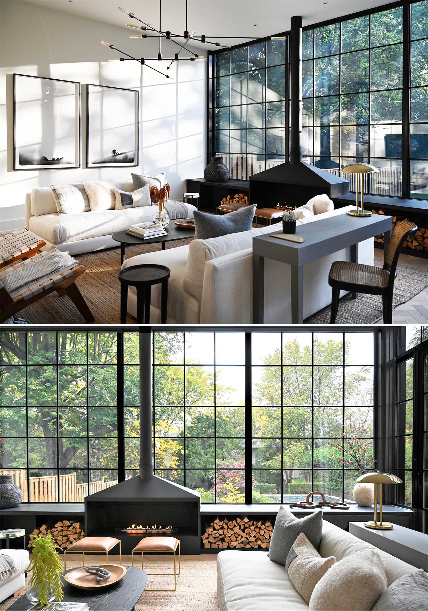 The expansive wall-to-wall black-framed windows and door frames complement the interior of the living room, that showcases a matte black fireplace and window bench. Also included in the design of the window bench is firewood storage.
