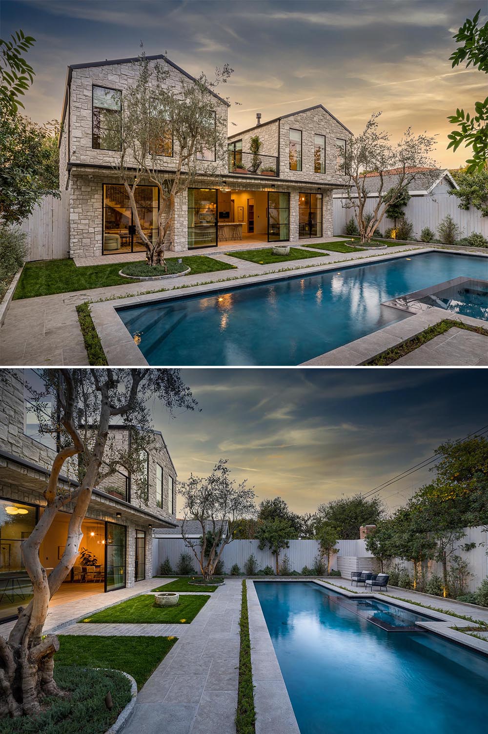 This yard was transformed into a private oasis with a 50-year-old coastal live oak tree, a Balinese water fountain, 60-year-old Manzanilla olive trees, and a resort-style quartz pool.